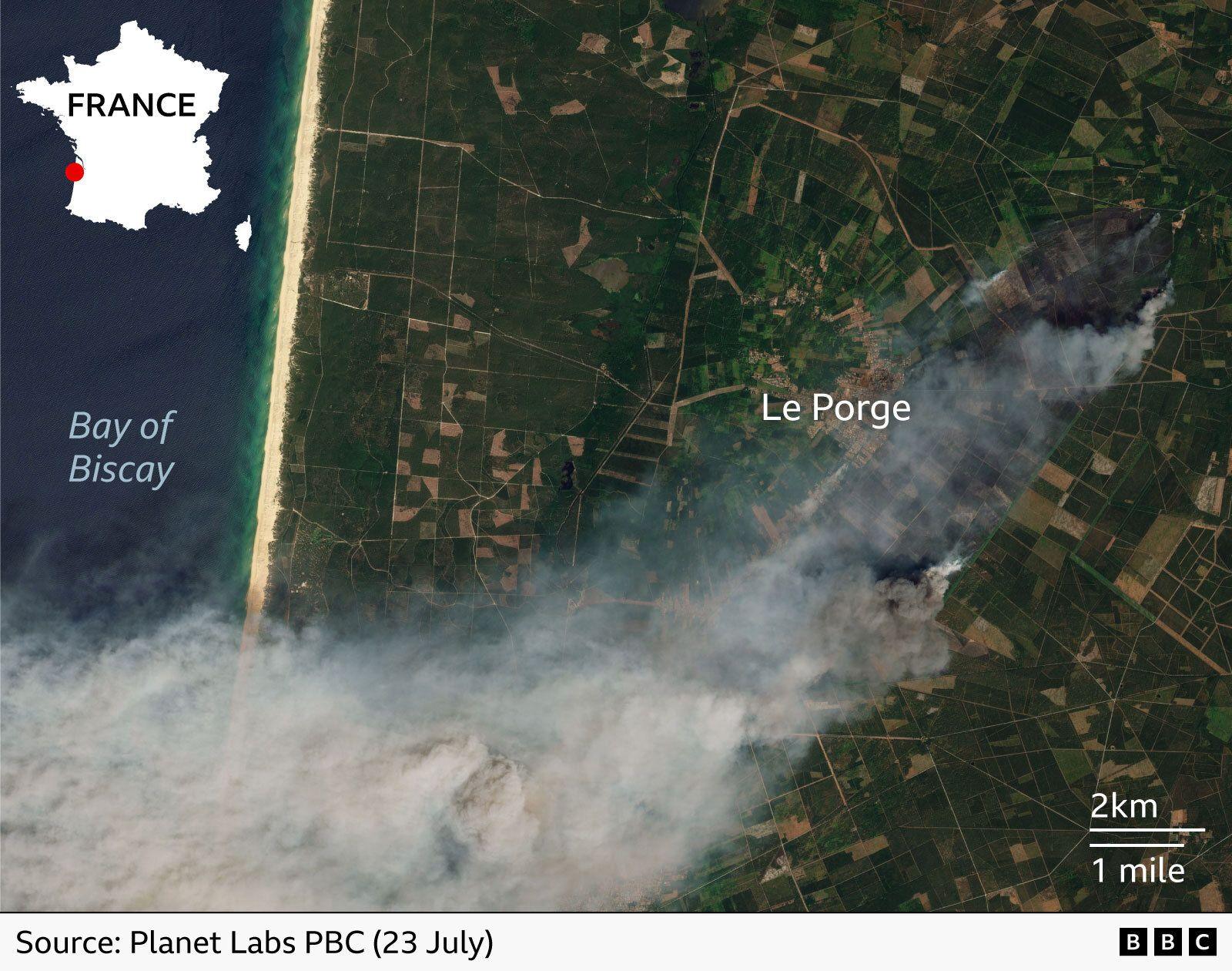 Satellite map showing the area of the fire near Cap Ferret