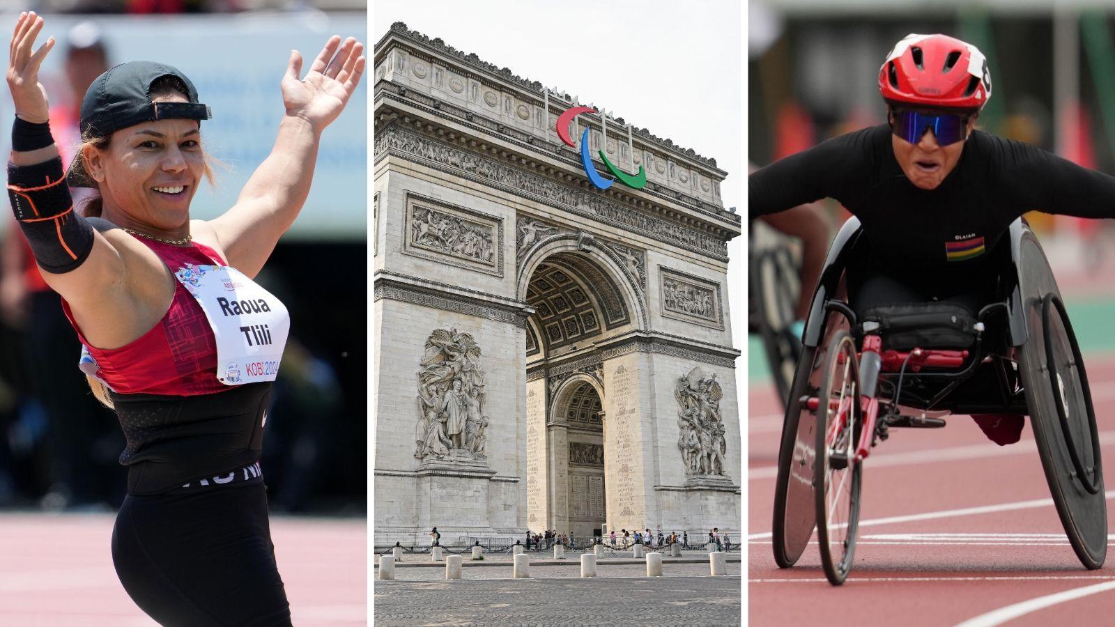 A composite image of Tunisian Raoua Tlili celebrating, the Arc de Triomphe in Paris with the Paralympics' Agitos logo and Mauritius' Noemi Alphonse during a wheelchair race