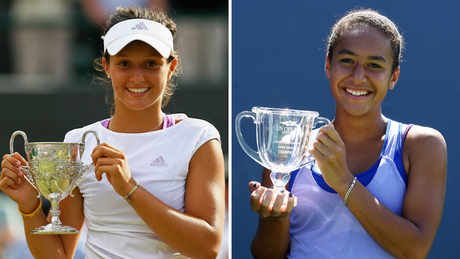Laura Robson lifts the Wimbledon girls' trophy in 2008 and Heather Watson holds the US Open girls' trophy in 2009