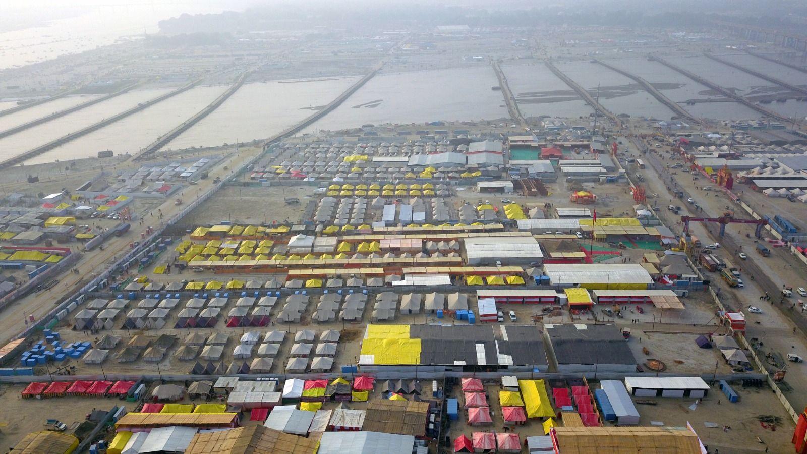 A sprawling temporary city on the banks of the river shows tents that have been pitched for the pilgrims and tourists