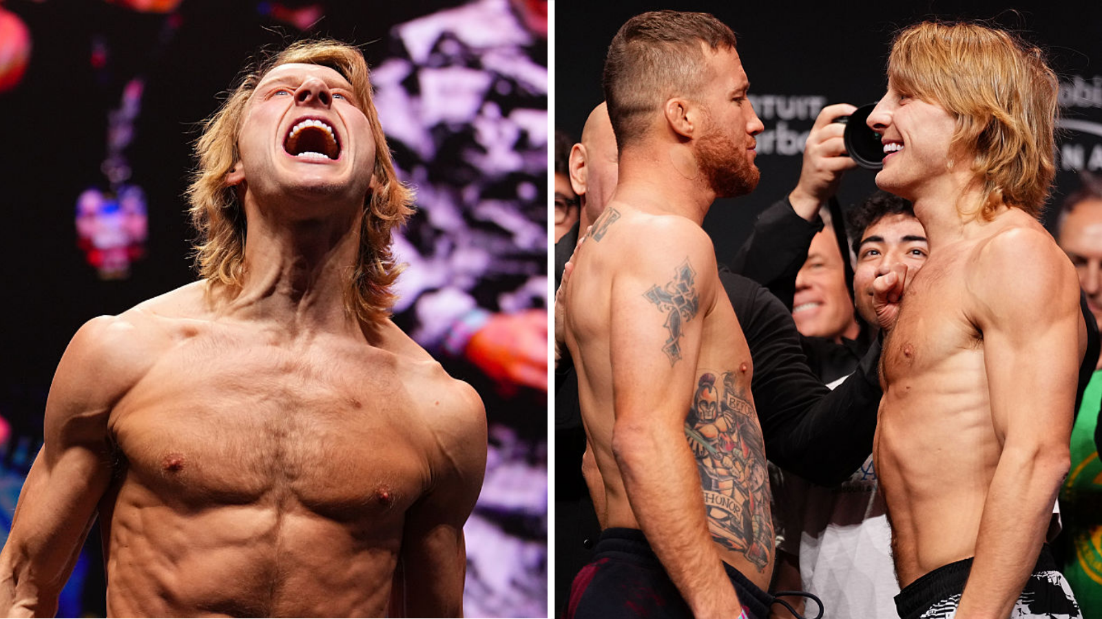 Split image of Paddy Pimblett shouting and smiling as he faces off with Justin Gaethje 