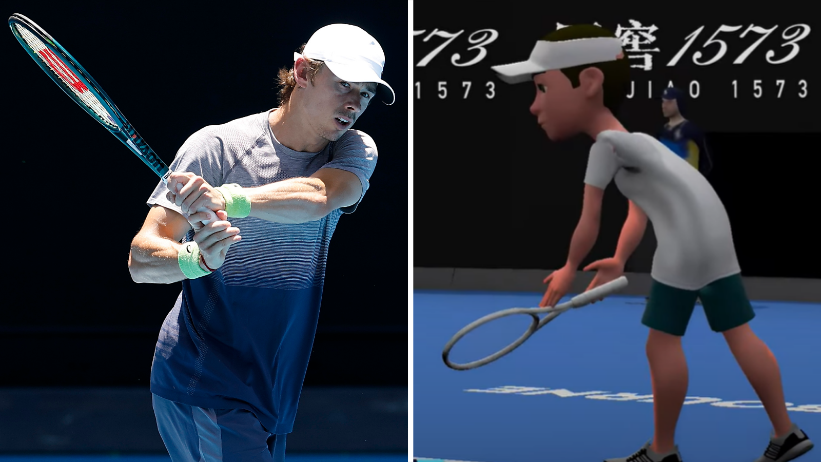 Left-hand-side: Alex de Minaur strikes a tennis ball
Right-hand-side: The cartoon version of Alex de Minaur