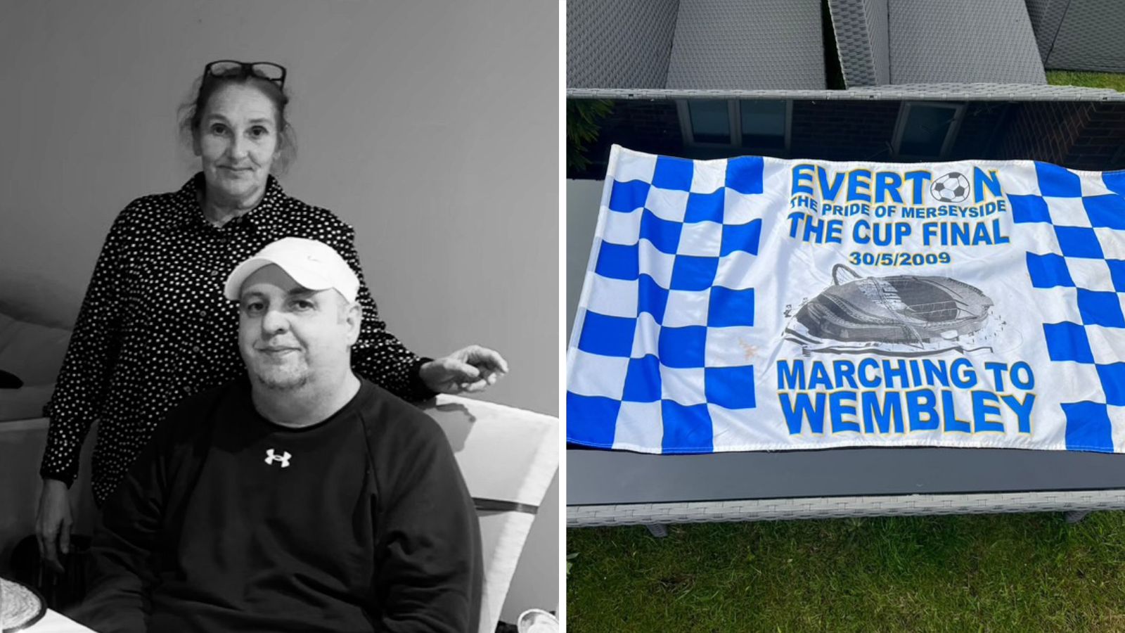 Split picture of Everton fan Robbie and his wife Shell and a picture of a flag for the FA Cup semi-final in 2009