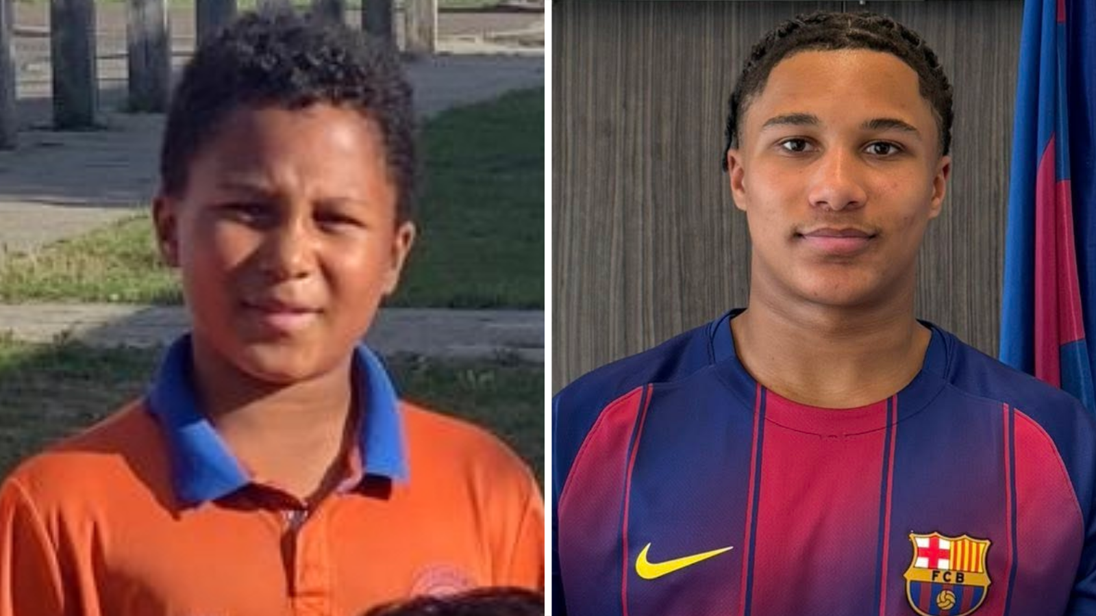 Ajay Tavares pictured for Aylsham FC Jaguars under-10s (left) and after signing for FC Barcelona's youth academy in February (right)