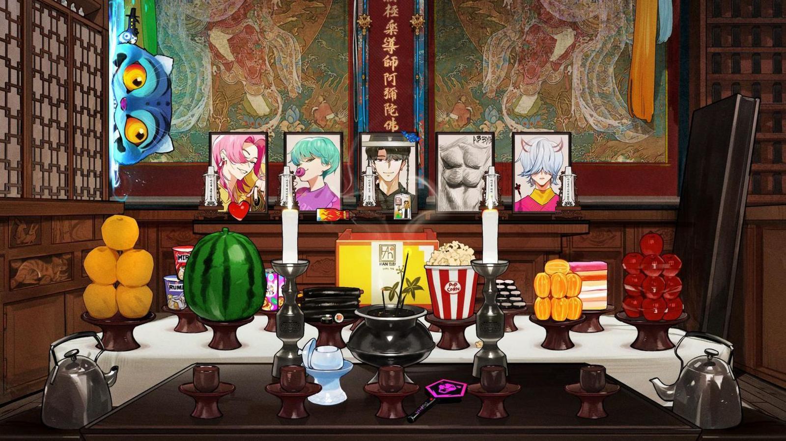 An illustration of a traditional altar, with oranges, a watermelon, popcorn and other snacks laid out neatly on a table covered with white cloth. Perched on a higher platform in the back are portraits of the Saja Boys.