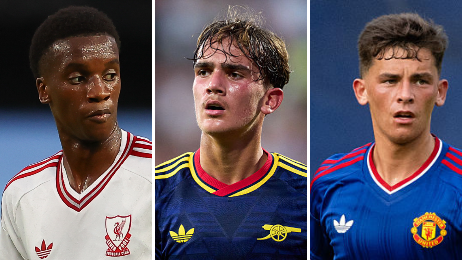 A split picture of Liverpool's Trey Nyoni, Arsenal's Max Dowman and Manchester United's Shea Lacey