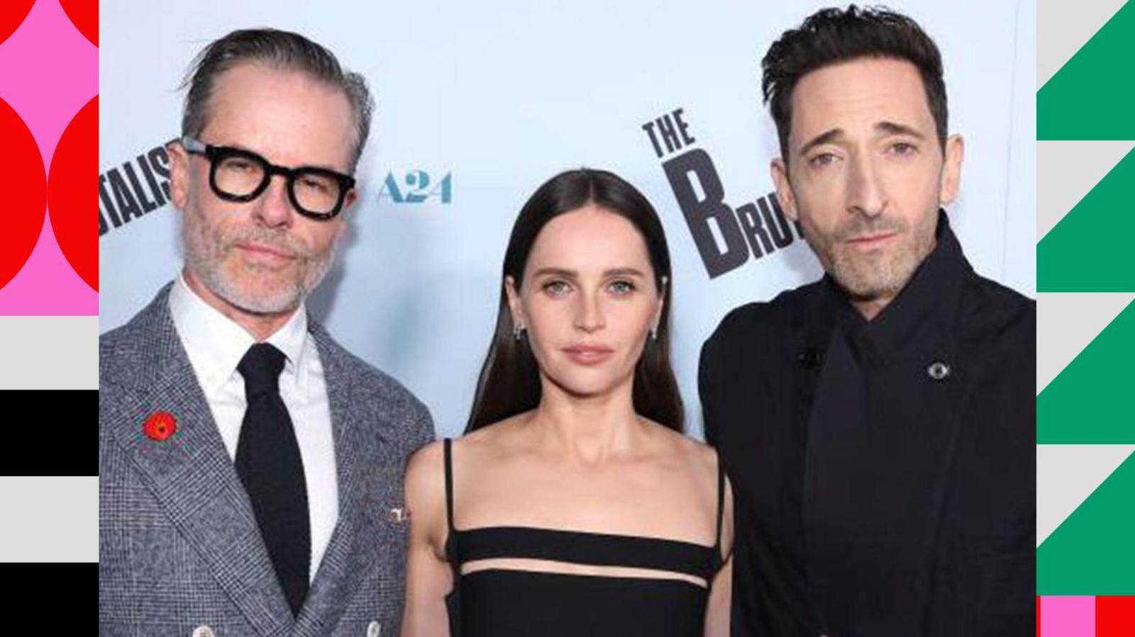 Guy Pearce, Felicity Jones and Adrien Brody attend the Los Angeles Premiere of A24's "The Brutalist" at Vista Theatre on December 05, 2024 in Los Angeles, California. 