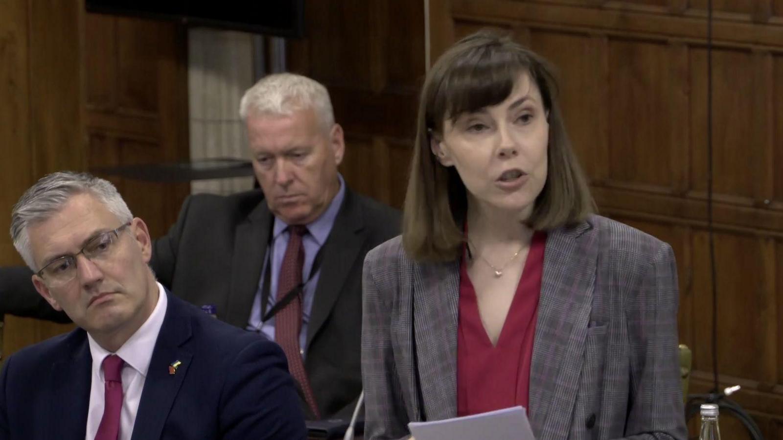 Emma Foody MP speaking during the Westminster Hall debate. She has shoulder-length brown hair and is wearing a grey jacket and red top. Other MPs are sat listening behind her.