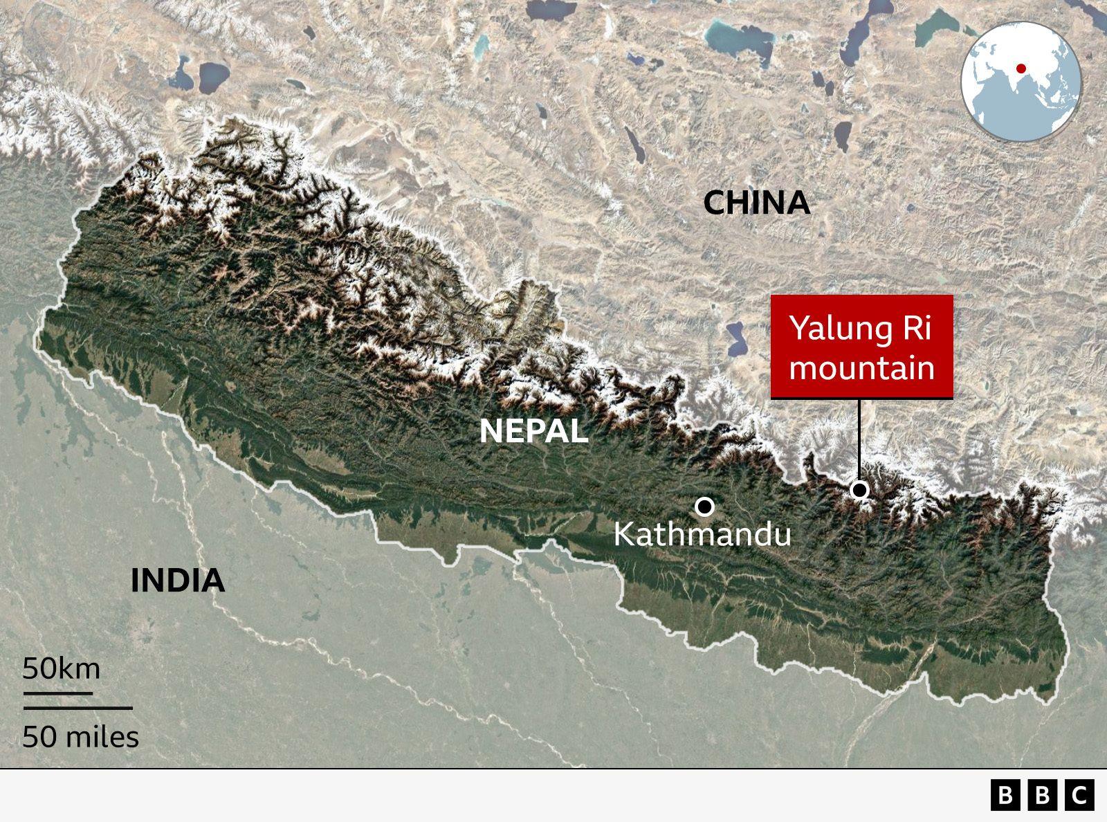 A satellite map of Nepal showing Kathmandu in the centre of the country and the Yalung Ri mountain in the Dolakha region in the north near the border with China