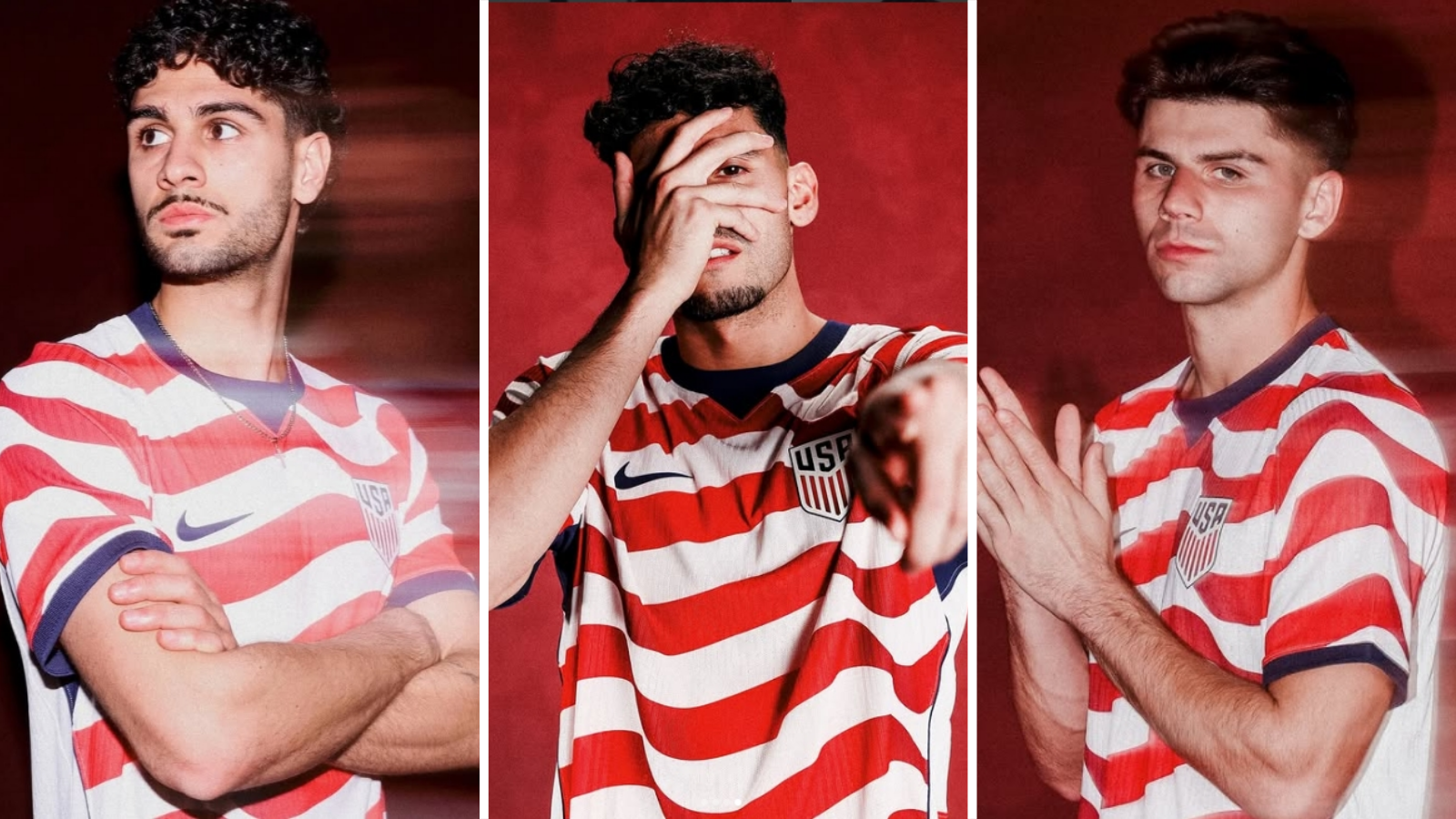 Johnny Cardoso (left), Ricardo Pepi (middle) and Max Arfsten (right) wear 2026 USA home shirt.
