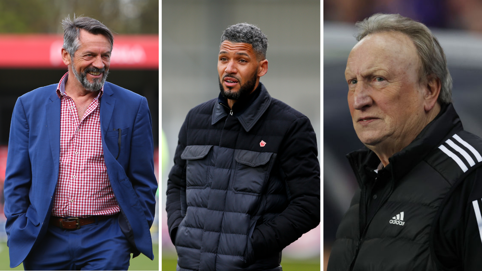 Split picture of Phil Brown, who is wearing a blue suit and open-necked red and white checked shirt, and Jobi McAnuff and Neil Warnock, who are both in black leisure jackets
