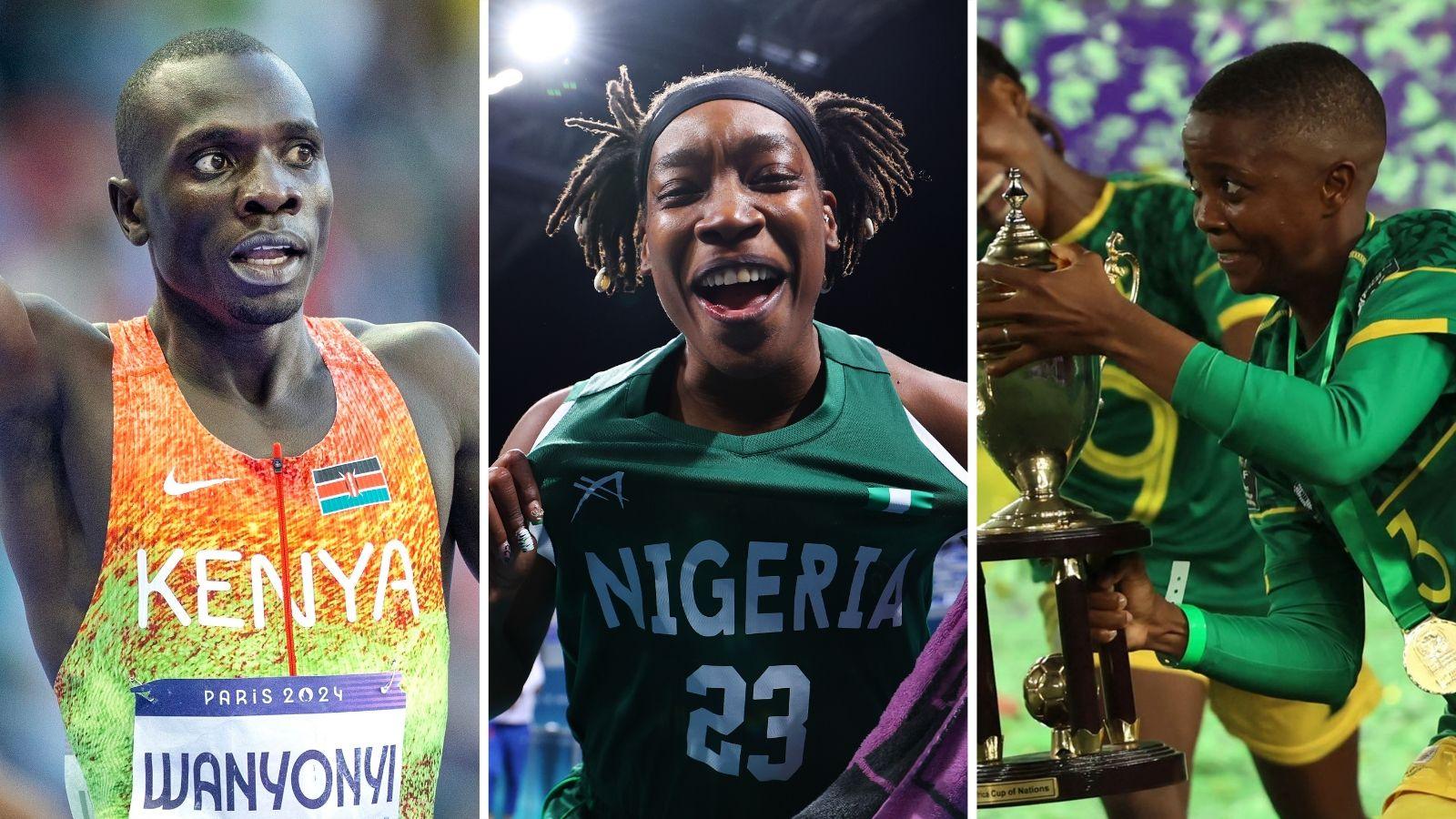 A triptych showing Emmanuel Wanyonyi celebrating at the Olympics, Ezinne Kalu smiling into the camera in a green Nigeria basketball jersey and South African players celebrating with the Women's Africa Cup of Nations trophy