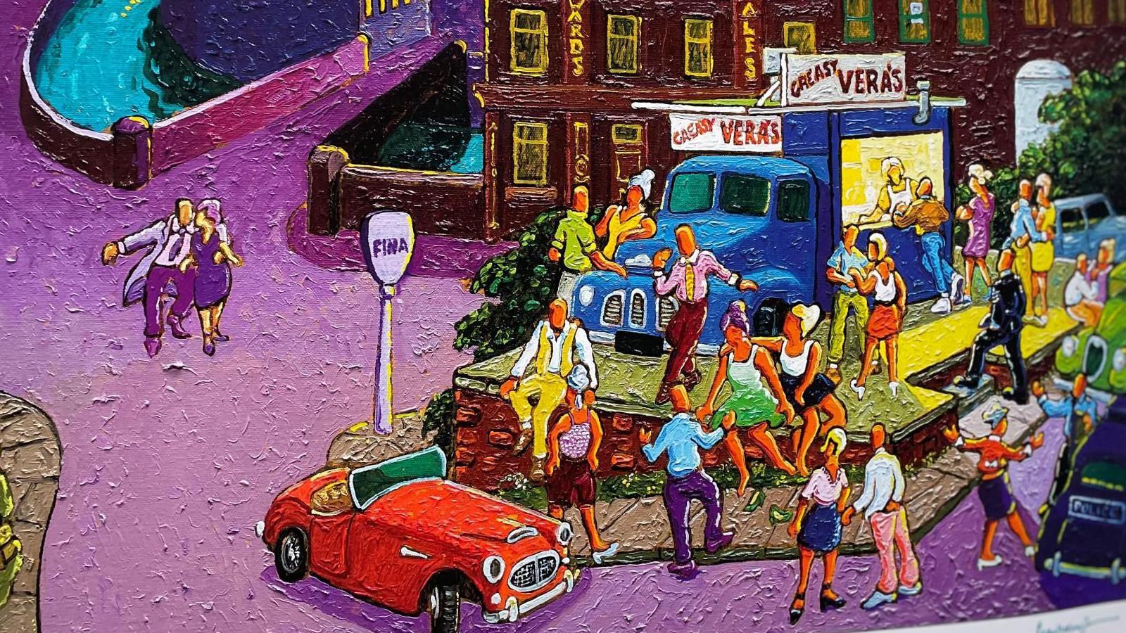 A colourful painting of faceless people dancing in front of a brightly lit food van