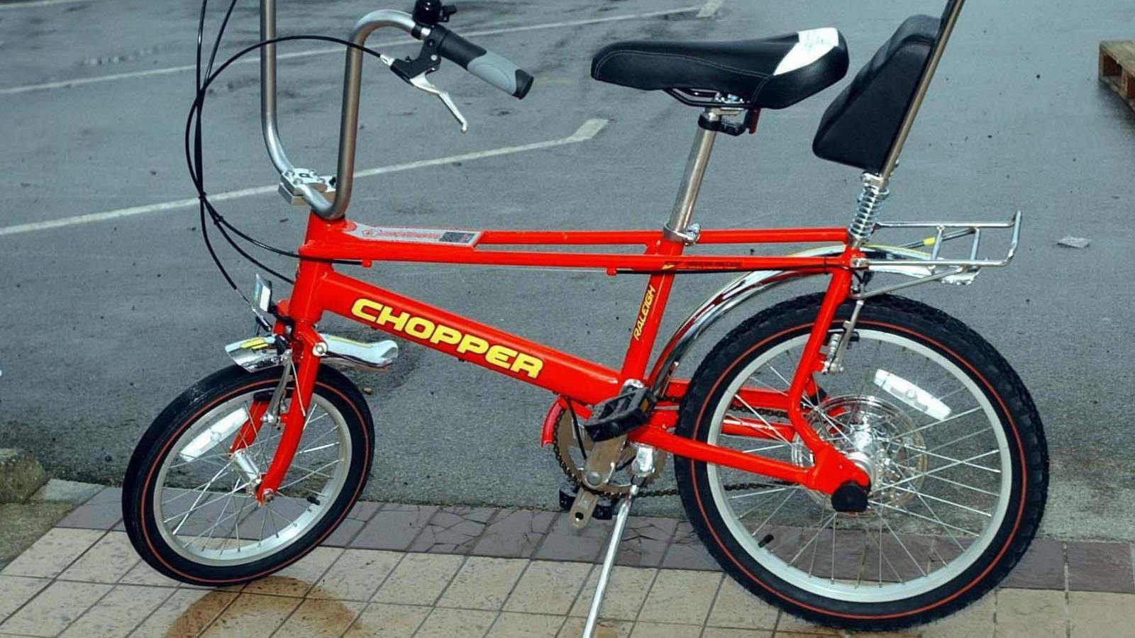 A red Chopper bike designed by Raleigh