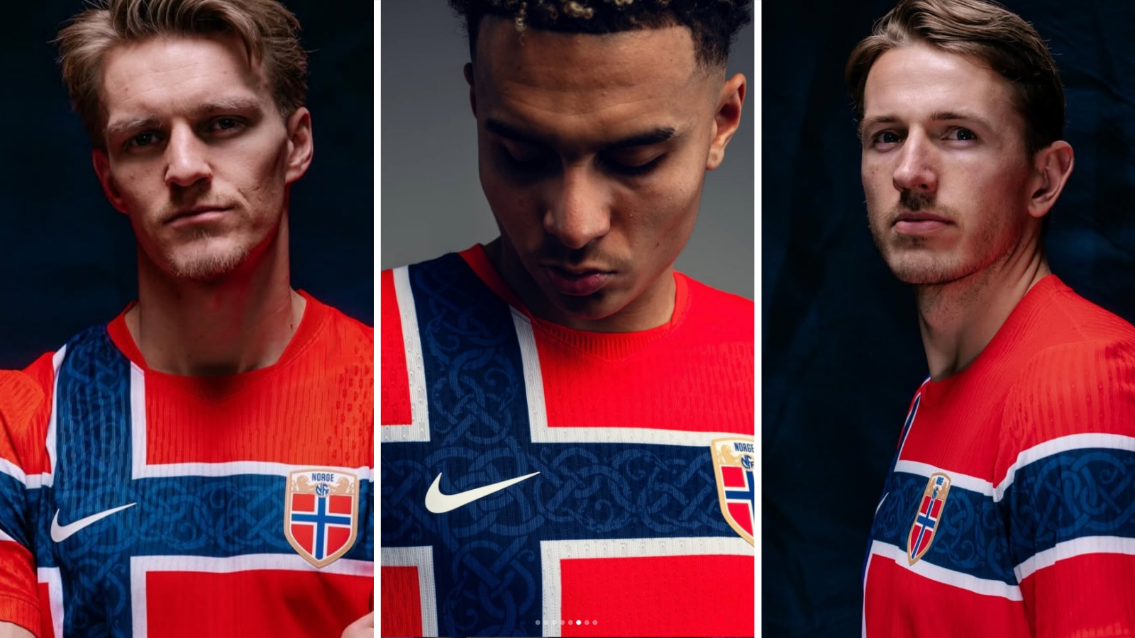 Martin Odegaard (left), Antonio Nusa (middle) Sander Berge (right) wear 2026 Norway home shirt.