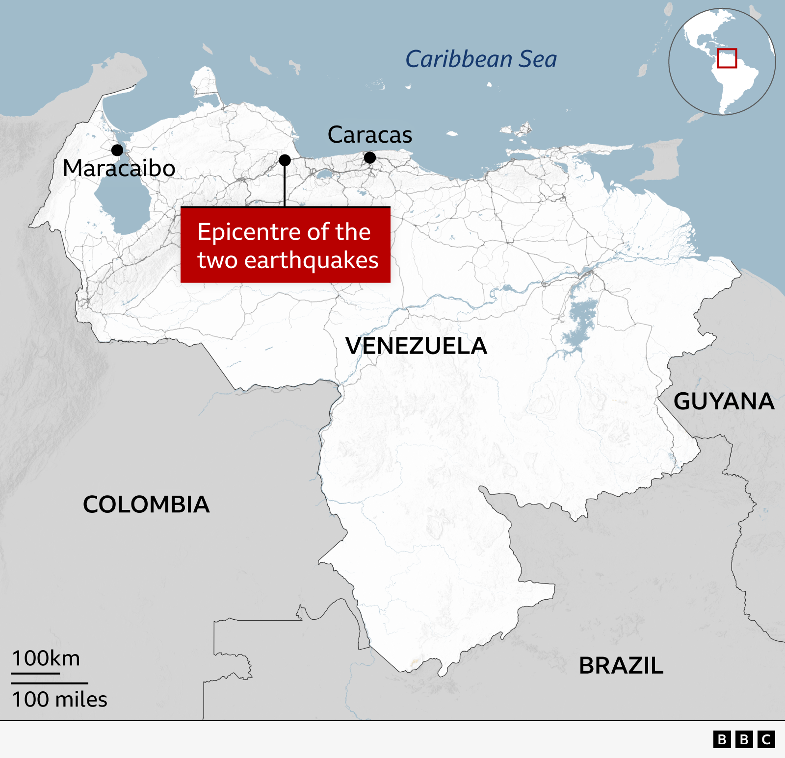 Map of northern South America focusing on Venezuela, showing the location of two earthquake epicentres inland between Maracaibo in the west) and Caracas on the central north coast. The Caribbean Sea is labelled to the north, with neighbouring countries Colombia, Guyana, and Brazil also marked. An inset map in the top right shows the region’s position within the Americas.