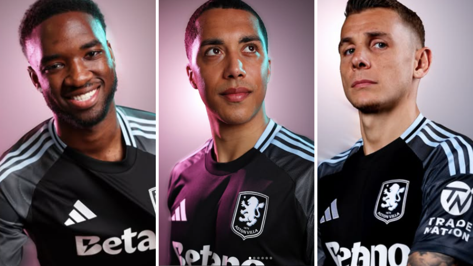 Lamare Bogarde, Youri Tielemans and Lucas Digne wear new Aston Villa away kit.