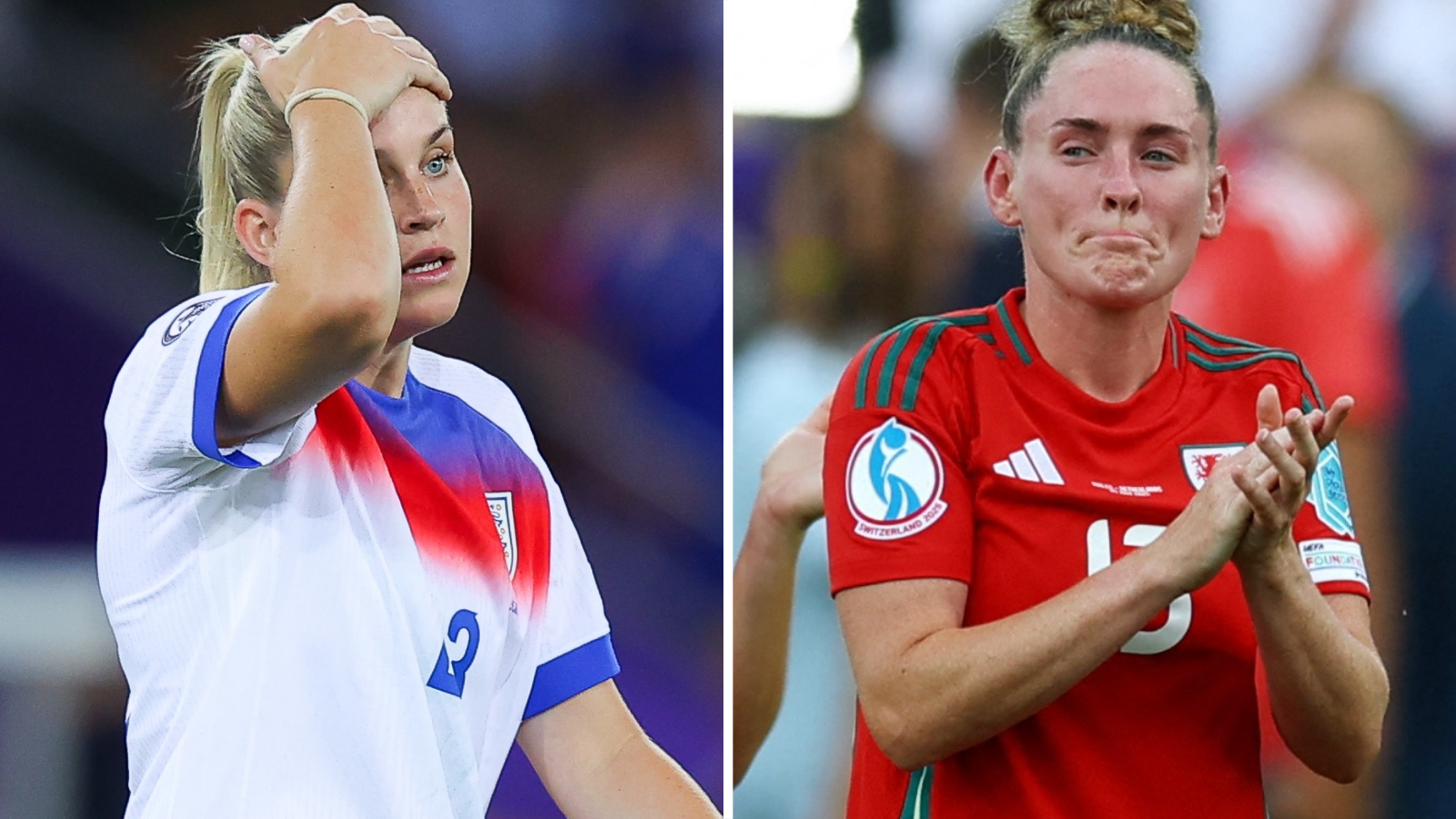 A divided schematic of England's Alessia Russo and Wales' Rachel Rowe looking dejected aft their opening-game defeats astatine Euro 2025