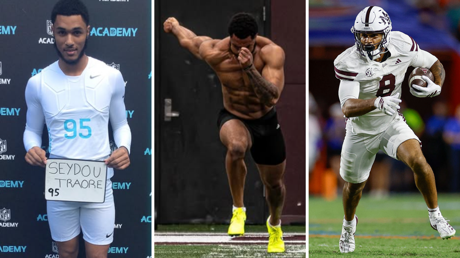 Split image of Seydou Traore at the NFL Academy try-outs in 2019, sprinting at his Pro Day in 2025 and playing for Mississippi State in 2025