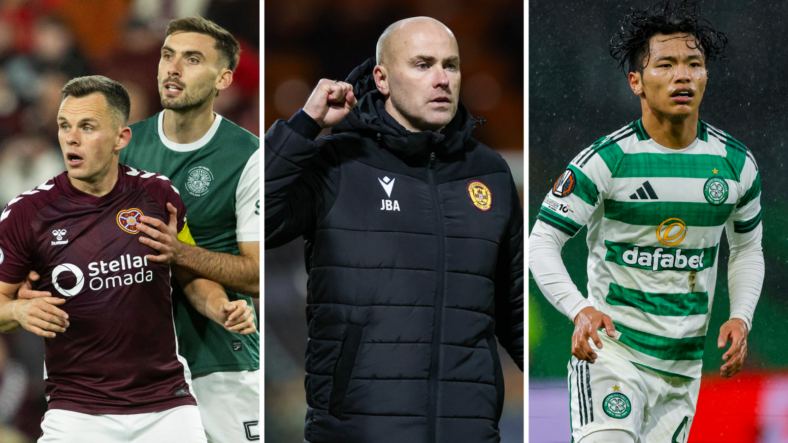Lawrence Shankland and Warren O'Hora tussle for possession, Motherwell boss Jens Berthel Askou on the touchline, and Celtic midfielder Reo Hatate in action