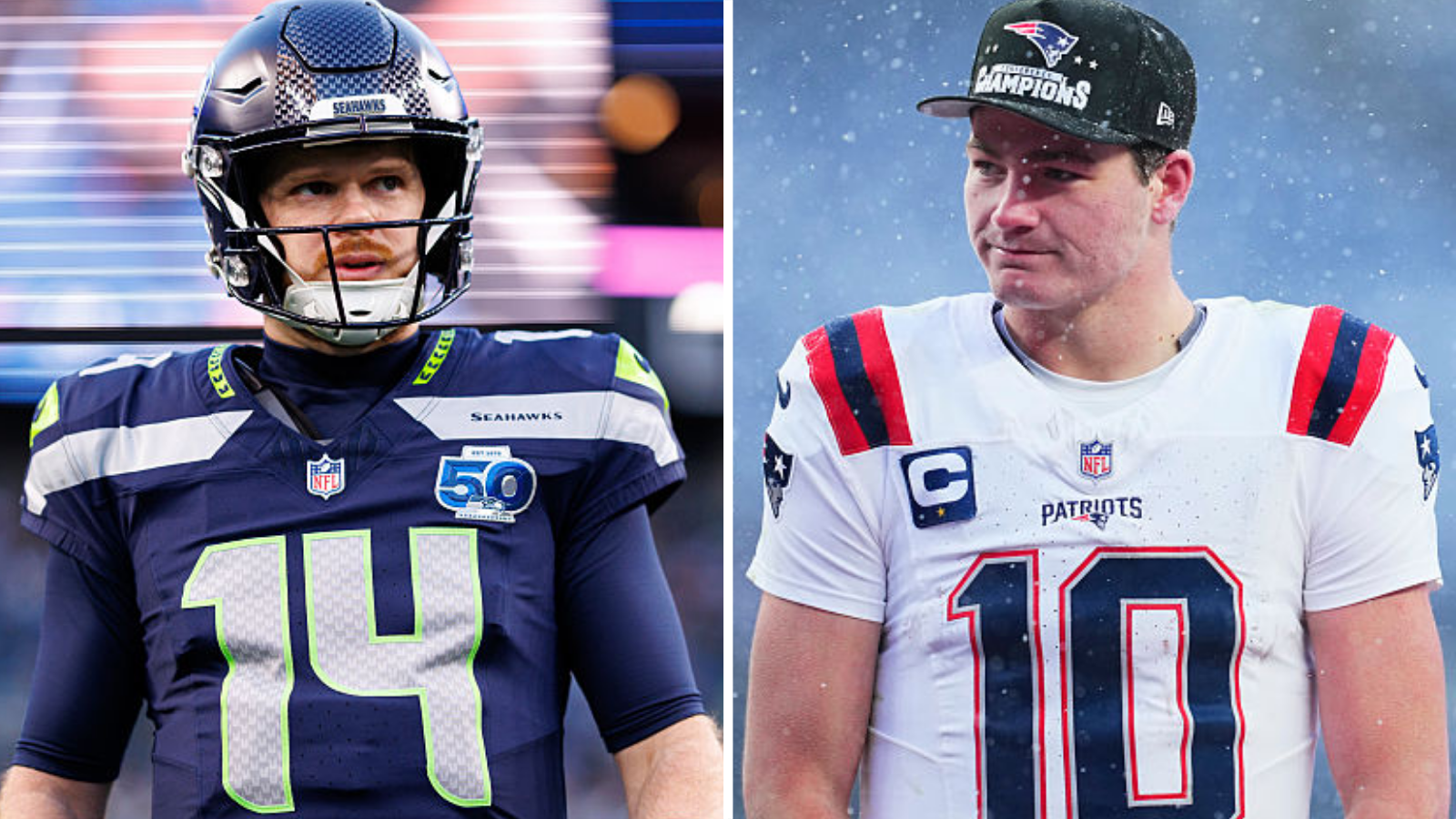 Sam Darnold of the Seattle Seahawks and Drake Maye of the New England Patriots ahead of the Super Bowl