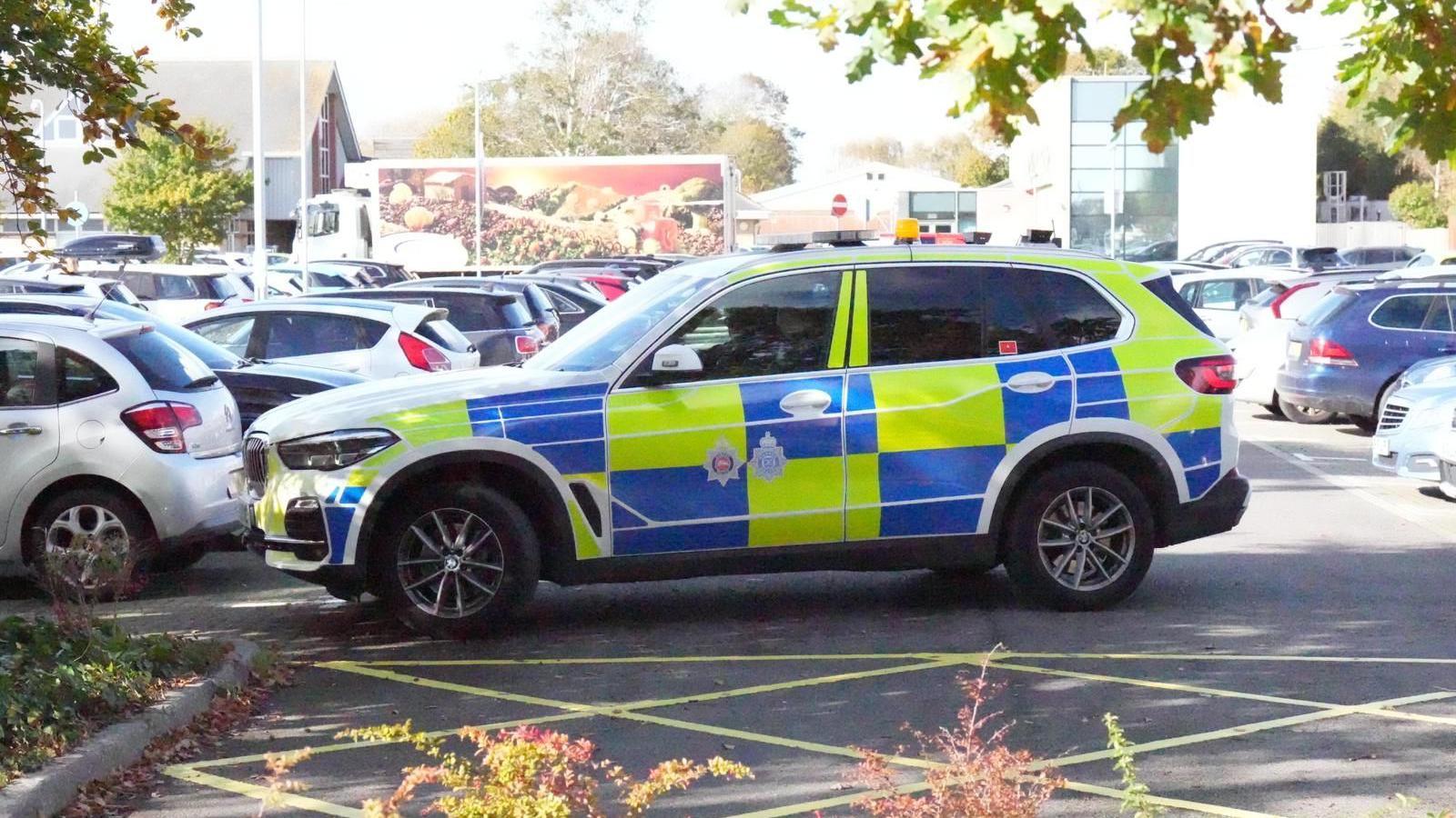 A police car stationed at a car park.
