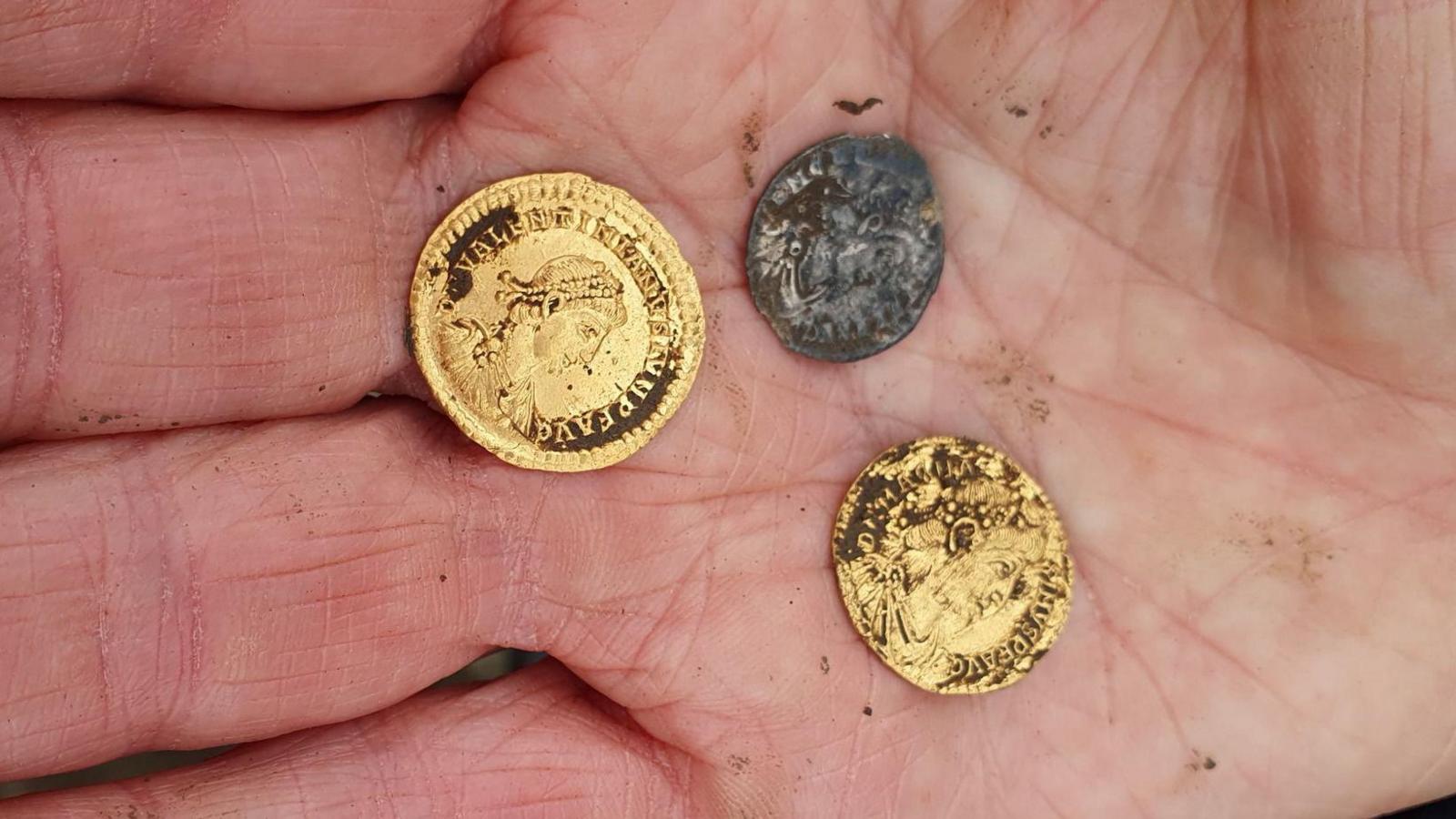 Two freshly unearthed Roman gold coins and a Roman silver coin in the palm of a hand.