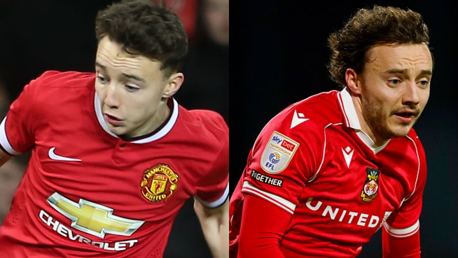 Ollie Rathbone in action for Manchester United in 2015 (left) and playing for Wrexham during the 2025-26 season