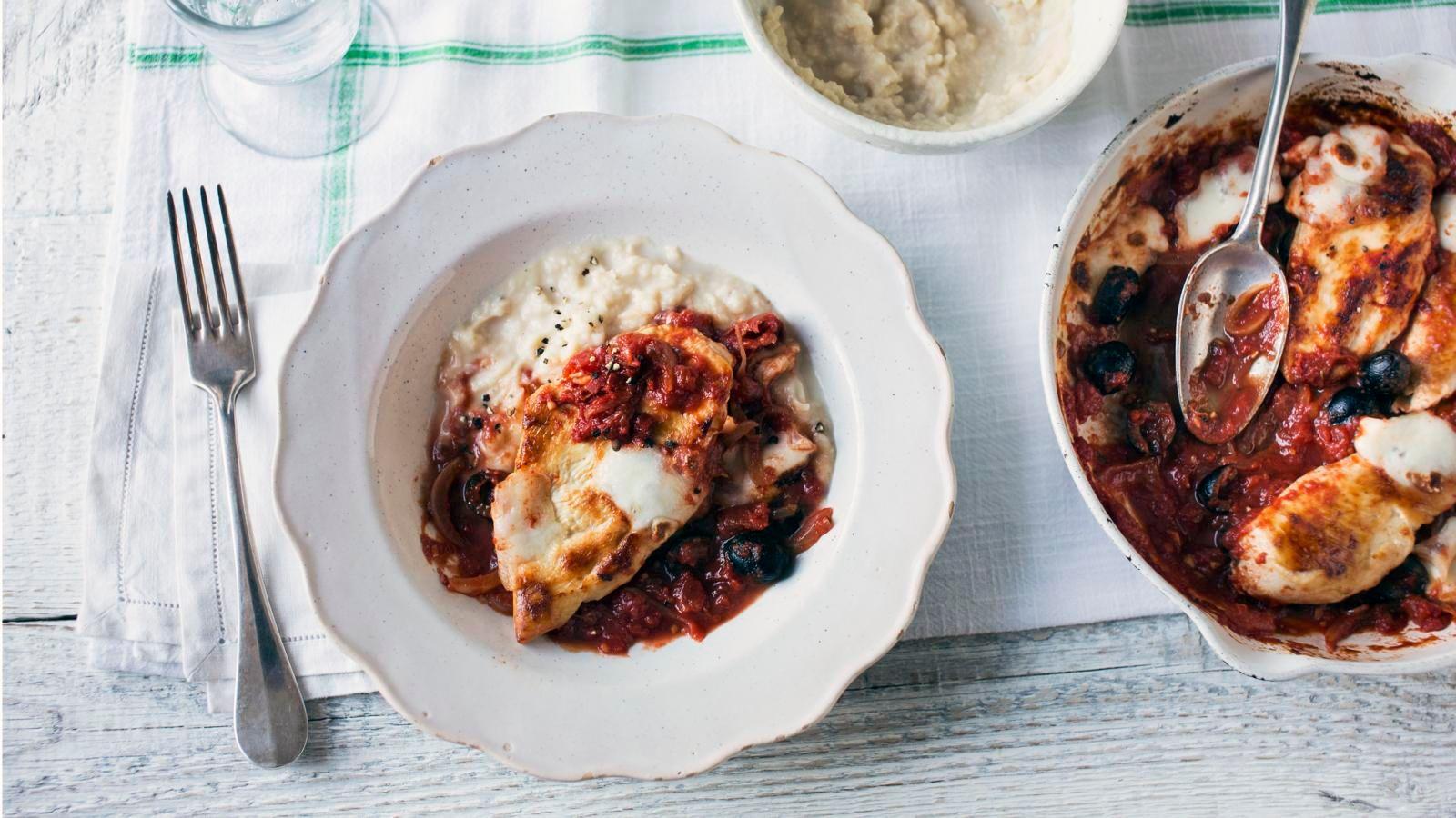 Mozzarella chicken with butter bean mash