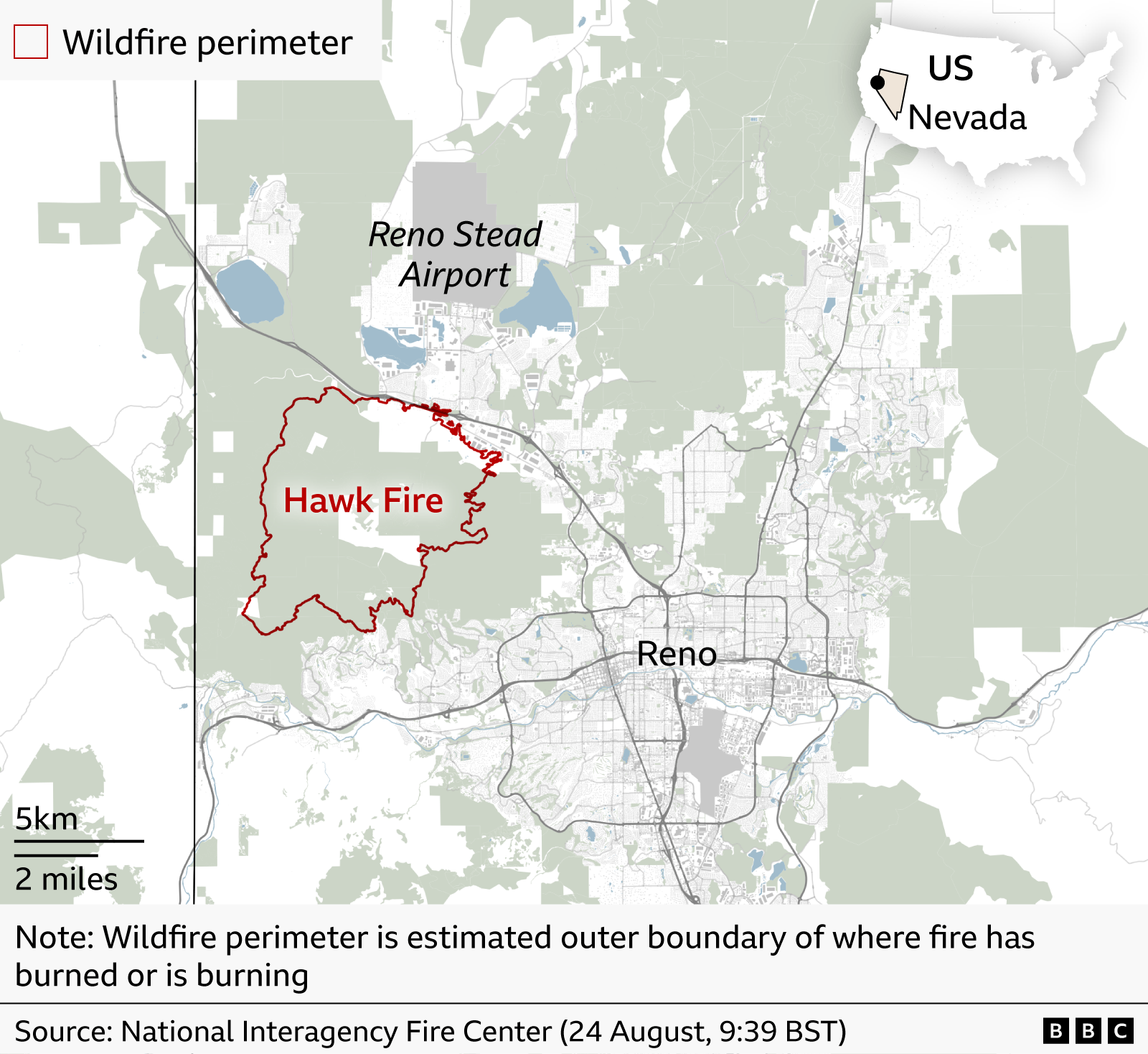 Map showing wildfire perimeter of the Hawk Fire west of Reno, Nevada. The area shows where the fire has burned and is currently burning in the Copperfield area near Silver Lake and Reno Stead Airport, with the city of Reno to the south-east. The perimeter covers the hills to the south of the Martin Luther King Jr Memorial Freeway towards Somersett. An inset map locates the fire within Nevada, in the western United States.

