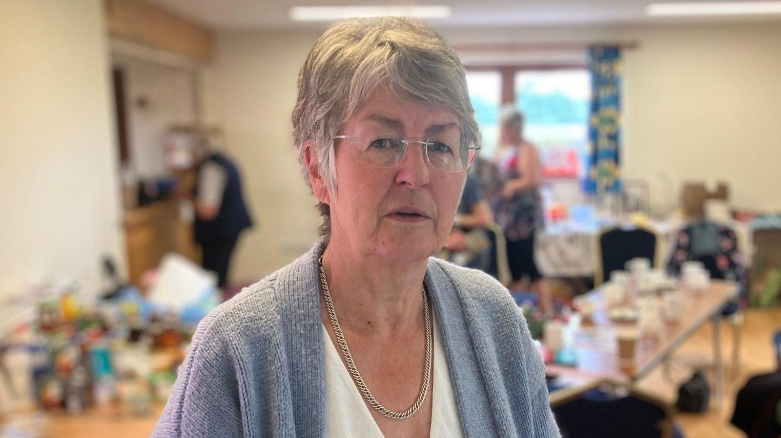 A woman with short greying hair wearing glasses, a silver necklace and a grey cardigan. She is standing in a community hall during an event.