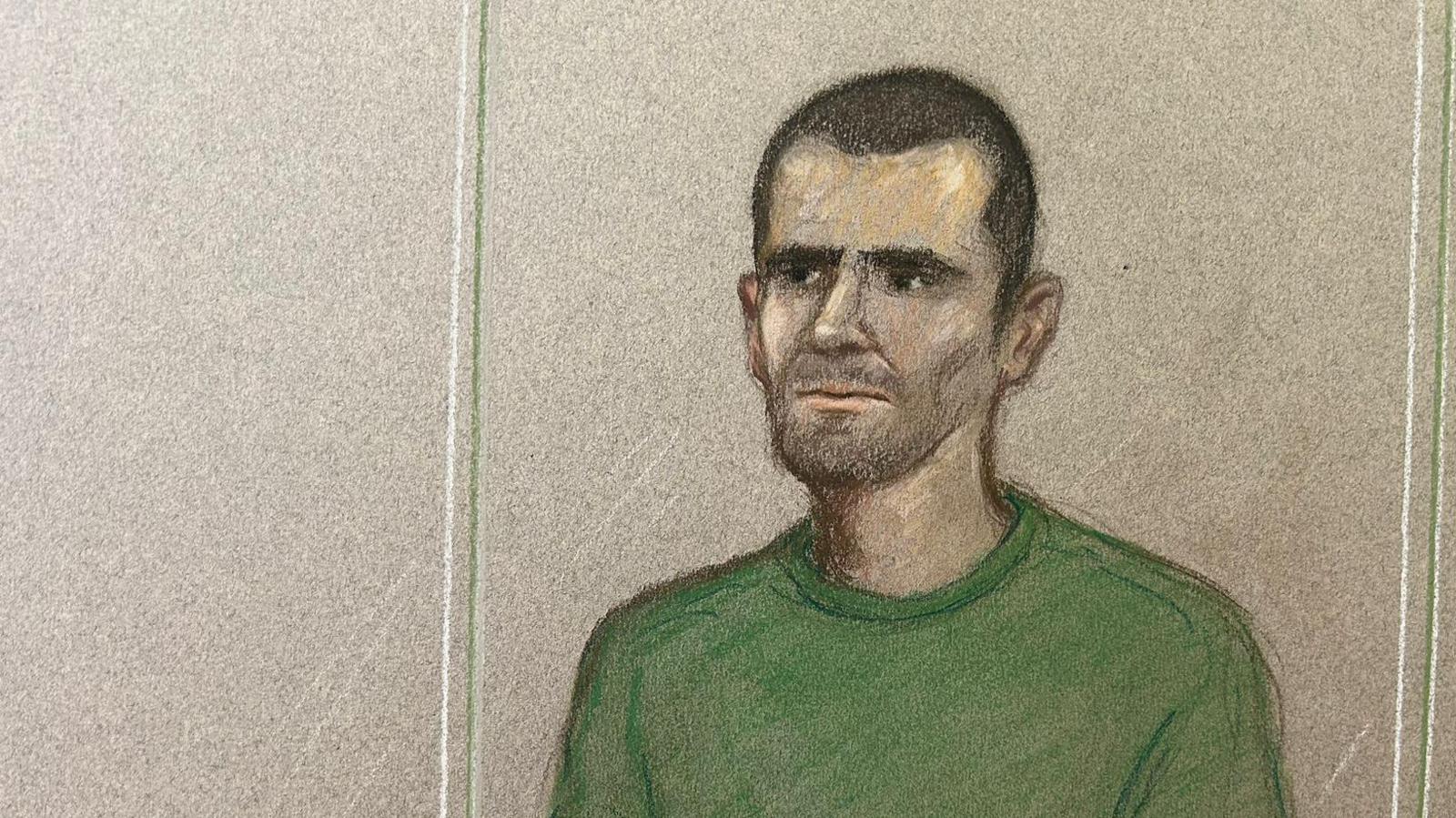 Court artist drawing of Marcus Monzo in the dock at the Old Bailey. He is sketched wearing a green jumper and has short dark hair and stubble.