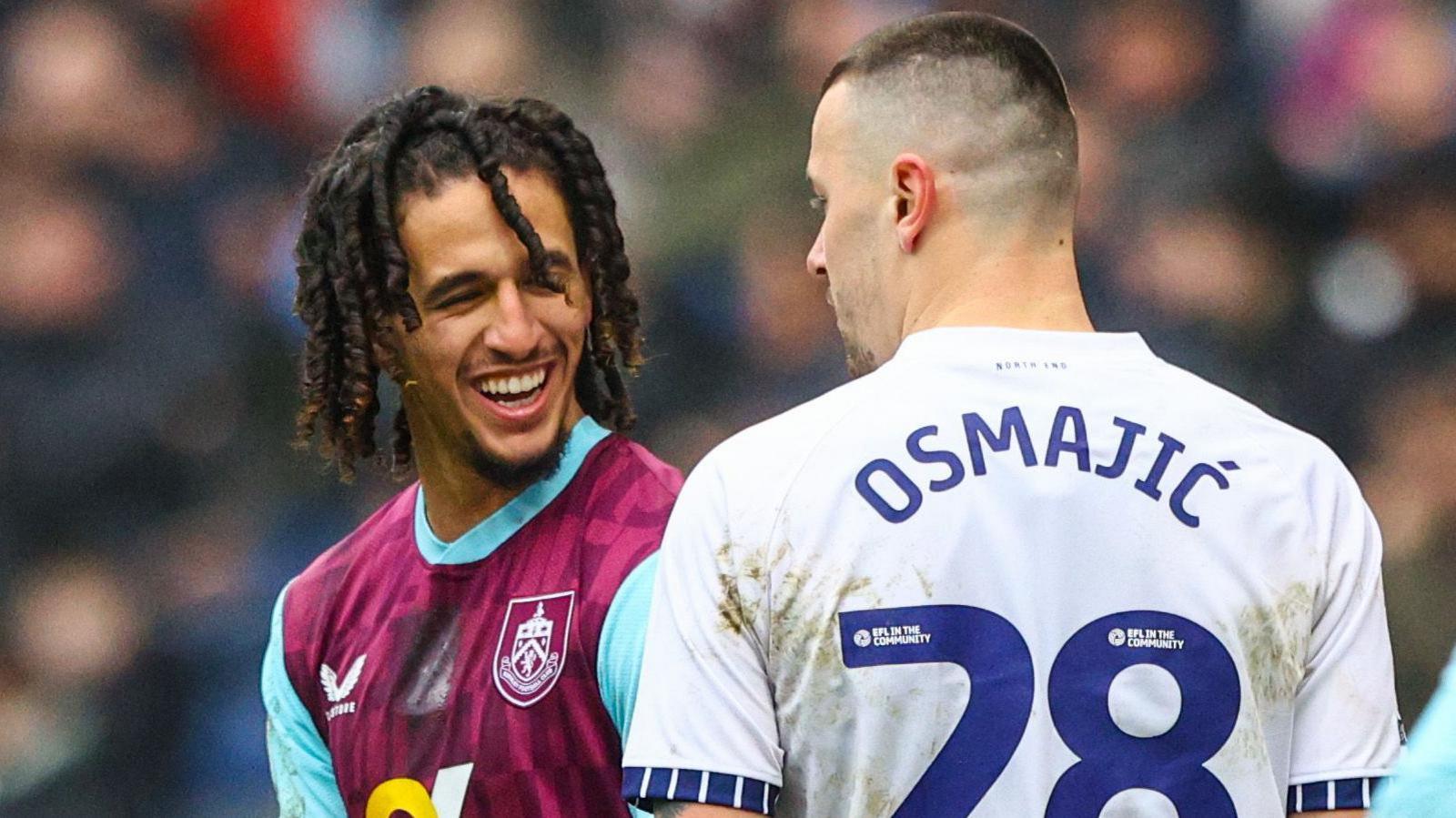 Burnley midfielder Hannibal Mejbri (left) and Preston forward Milutin Osmajic