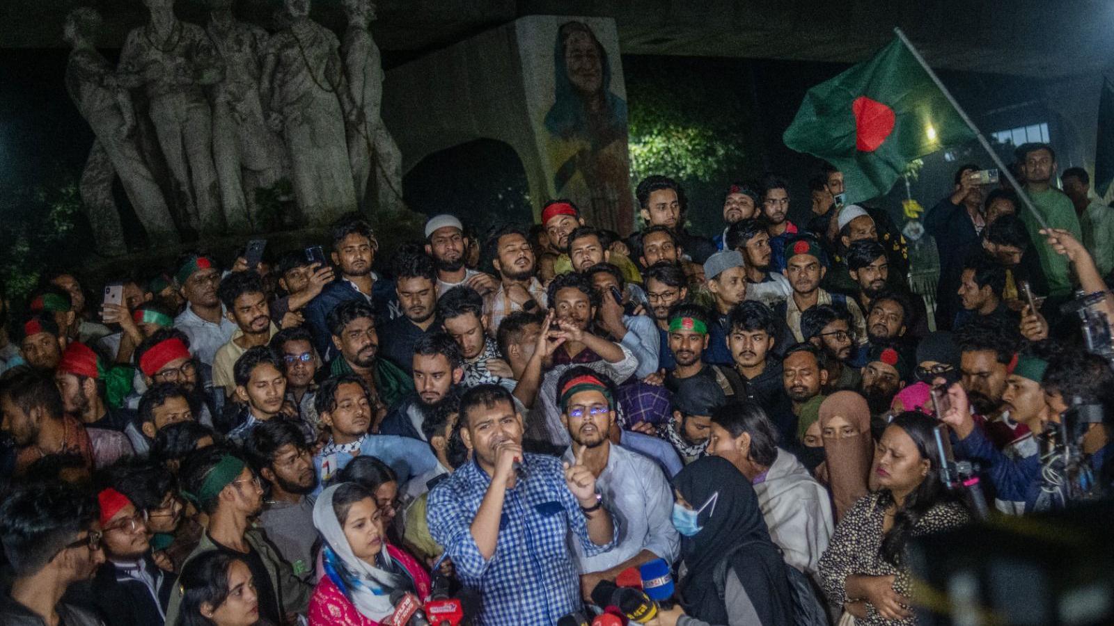 Leaders and activists from various student organizations stage a demonstration in the Dhaka University area in Dhaka, Bangladesh, on December 2, 2024, to condemn the attack on the Bangladesh Assistant High Commission in Agartala, Tripura.