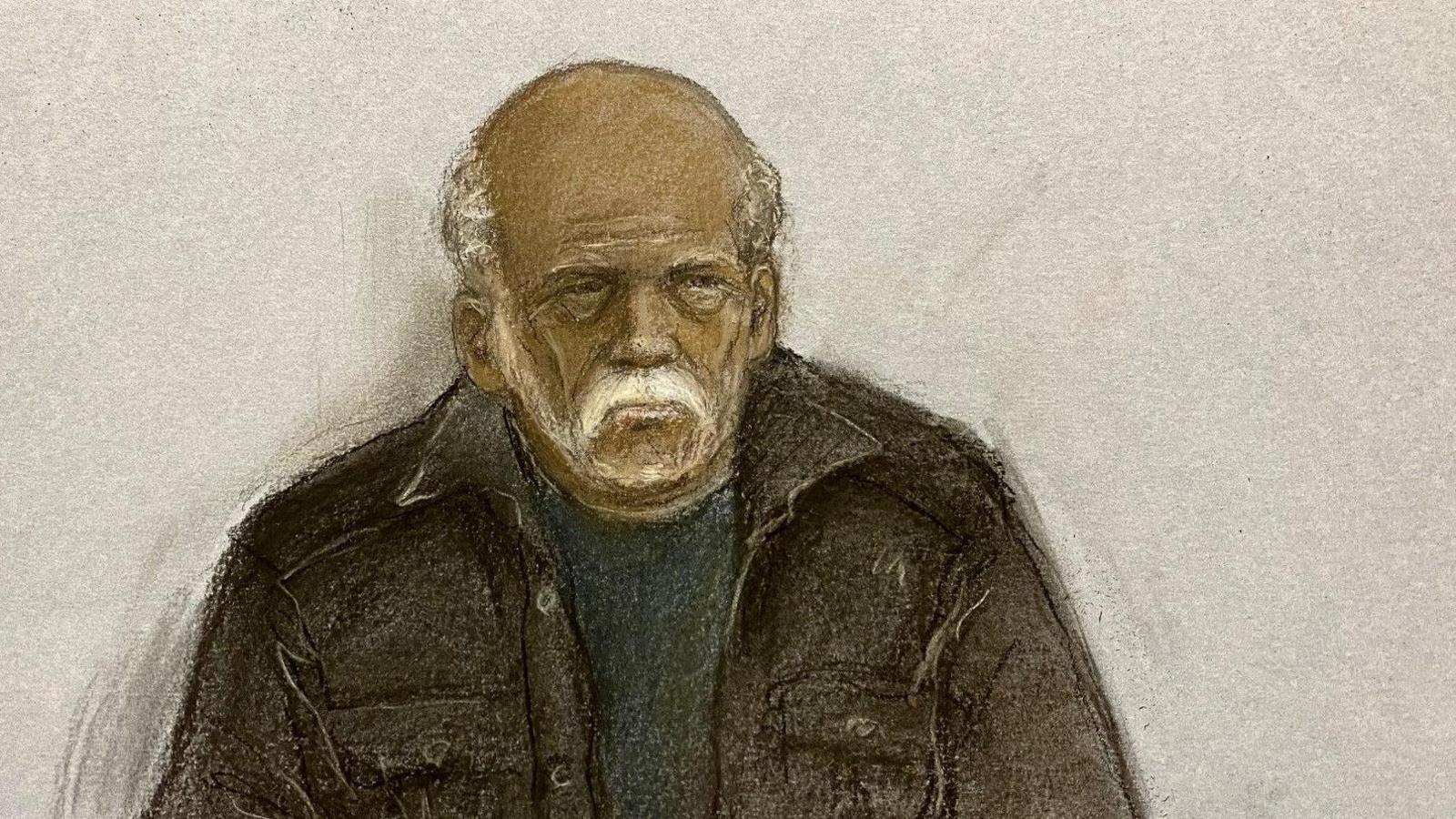 Court drawing of Headley in court. He has a white beard and hair and is wearing a black jacket.