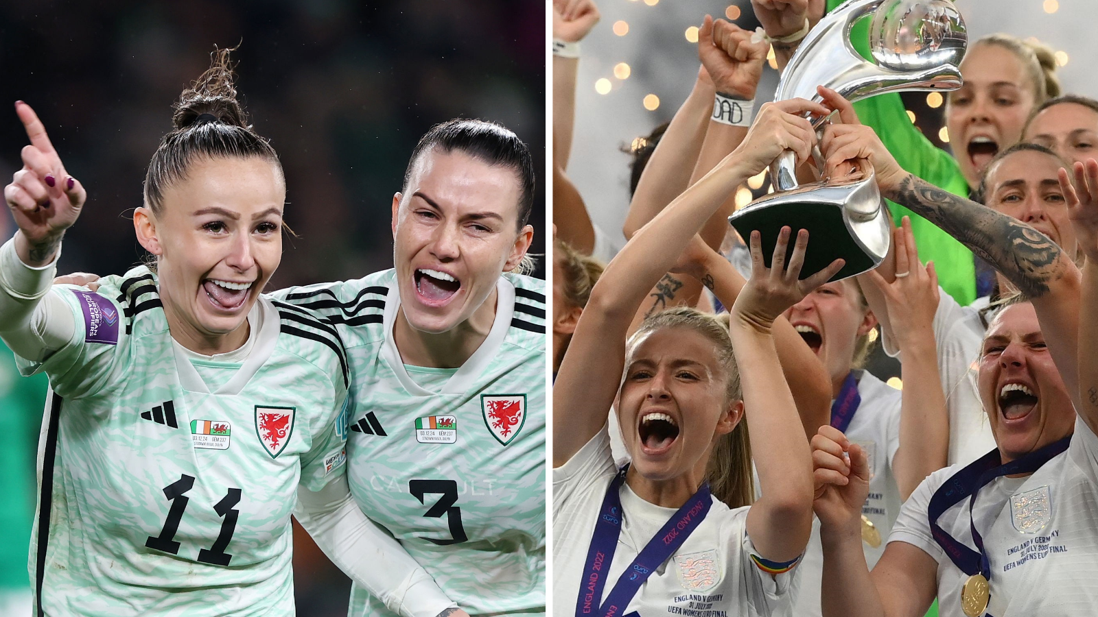 Split image of Hannah Cain celebrating scoring a goal for Wales and England lifting the Euro 2022 trophy