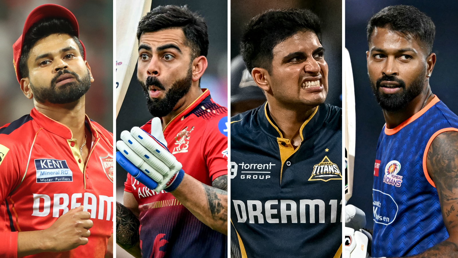A split graphic containing Punjab Kings' Shreyas Iyer (left), RCB's Virat Kohli (left centre), Gujarat Titans' Shubman Gill (right centre) and Mumbai Indians' Hardik Pandya (right) 