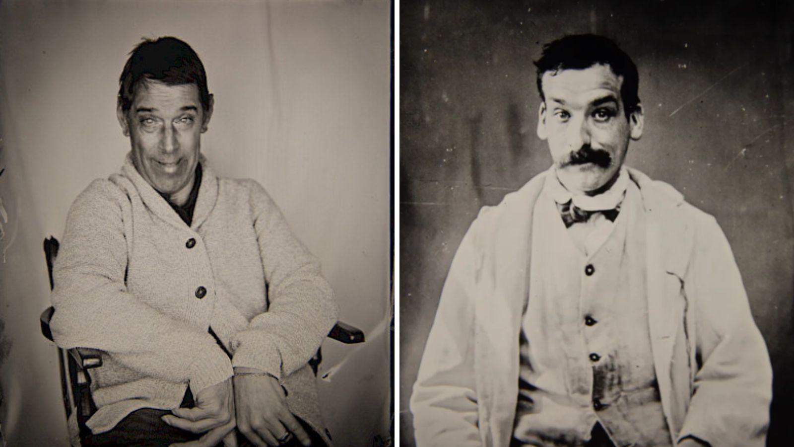 Two black and white photos of men with short black hair