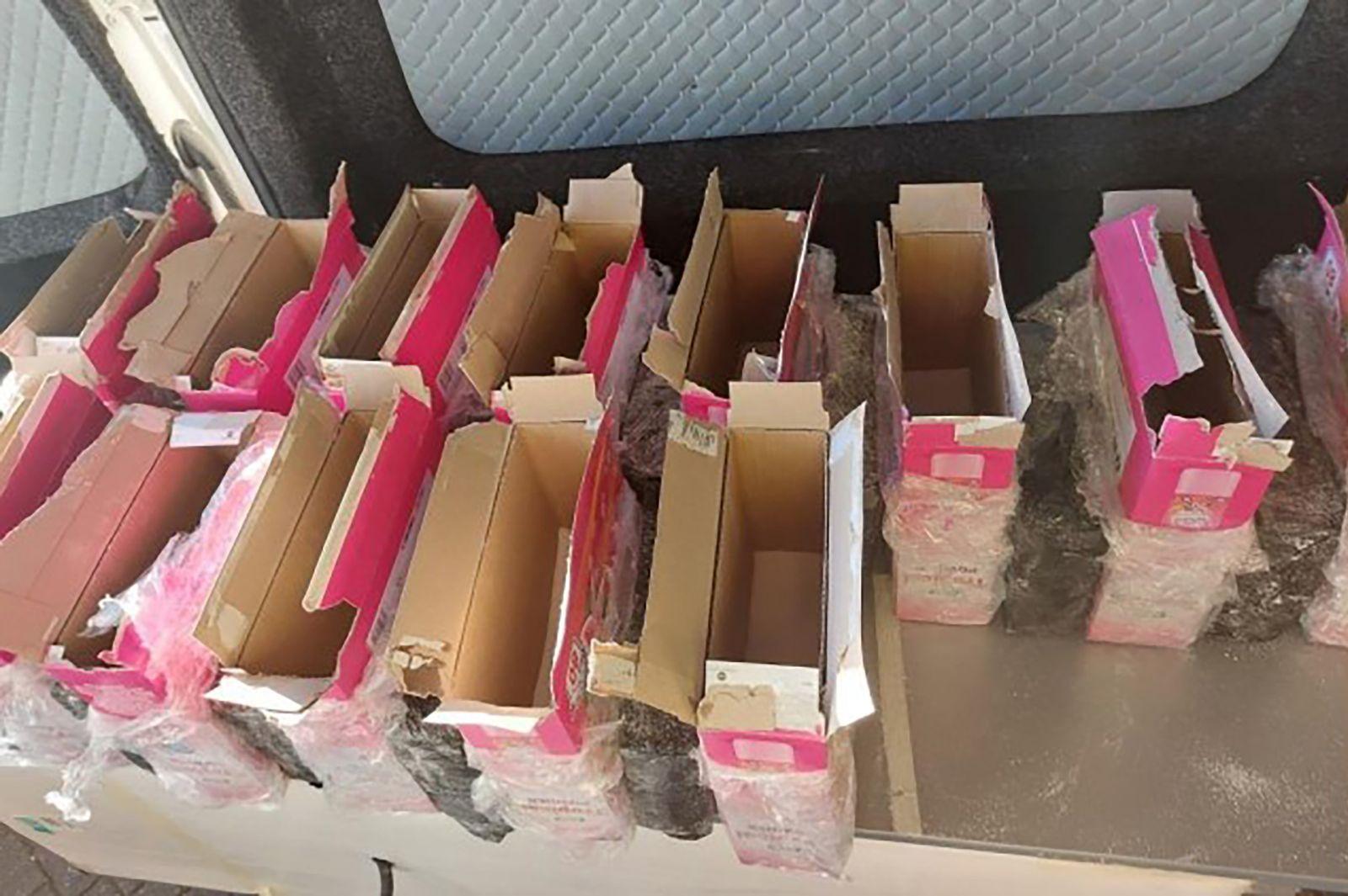 Opened, empty boxes of washing powder lined up in rows.