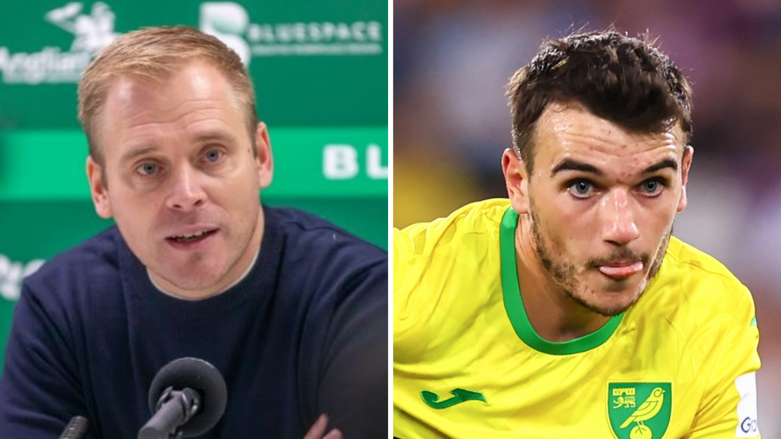 Split picture of Norwich City head coach Johannes Hoff Thorup at a press conference and midfielder Liam Gibbs in action