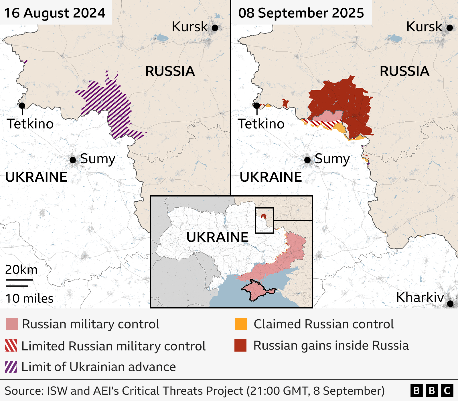 Side-by-side comparison map showing changes in territorial control just over the Russian border between Russia and Ukraine from 16 August 2024 to 8 September 2025.
Left map (2024): Limit of Ukrainian advances are marked with purple stripes
Right map (2025): A slightly larger area including small areas across the Ukrainian border is shaded with a bit more in yellow to show claimed Russian control.
Key towns labeled include Kursk, Tetkino, and Sumy. Source: ISW