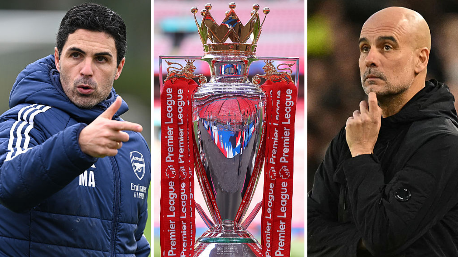 A split picture of Mikel Arteta and Pep Guardiola with the Premier League trophy in the middle