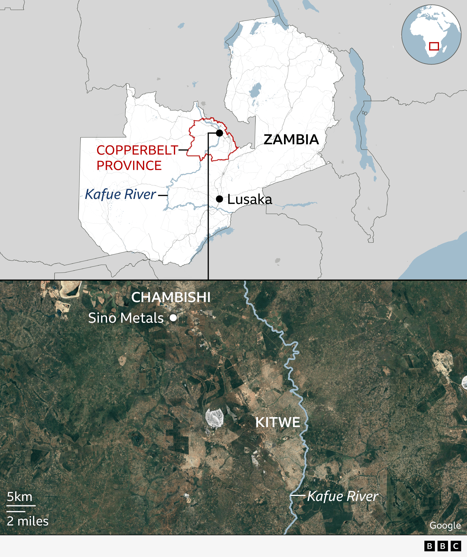 A two-part map which shows the geographical location of Zambia within the African continent. It also highlights where the Copperbelt Province is as well as the Kafue River and the Zambian capital, Lusaka. The second part of the map zeros in on the location of Sino Metals and the nearby towns of Chambishi and Kitwe. 