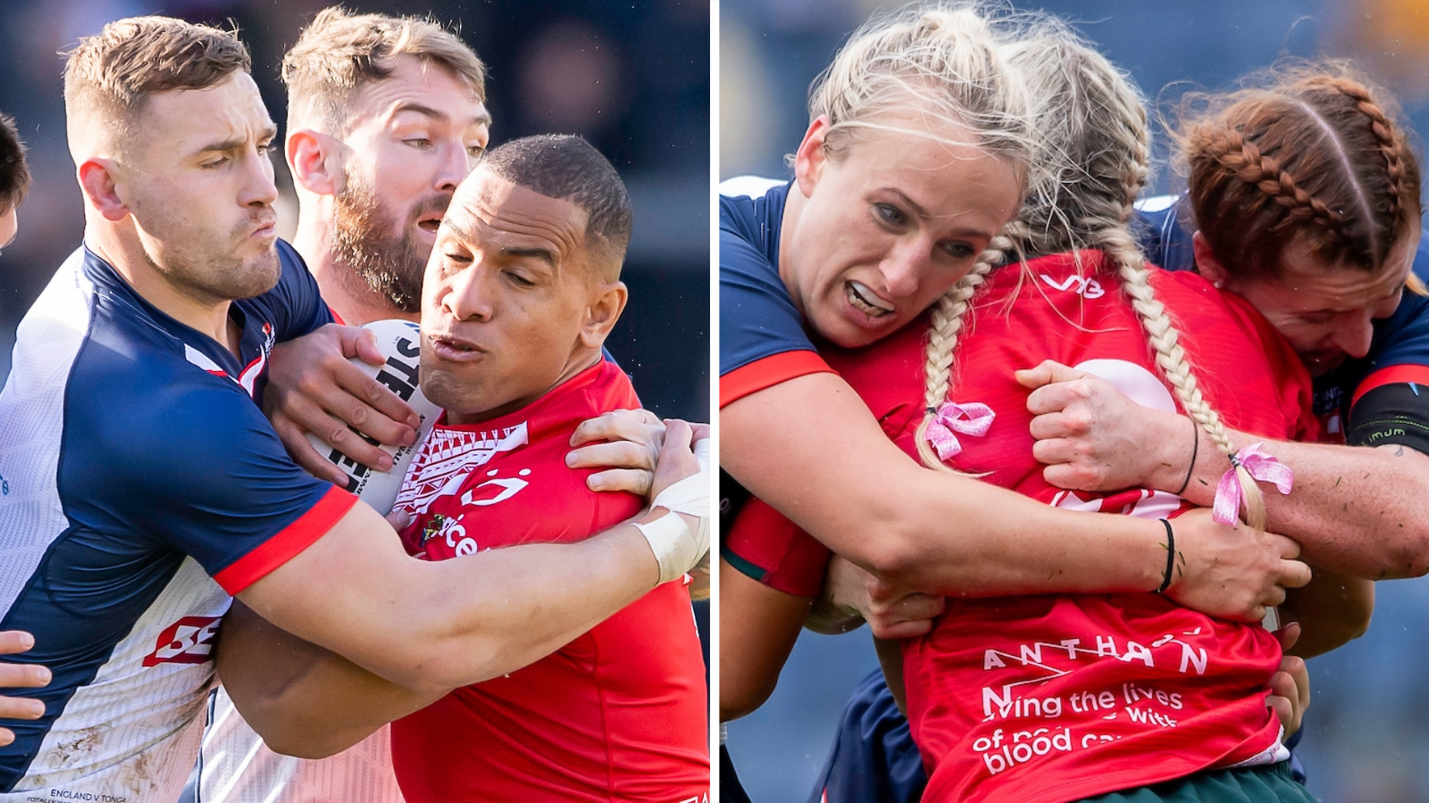 England's men tackle Tonga while England women are in action against Wales in the other half of the image