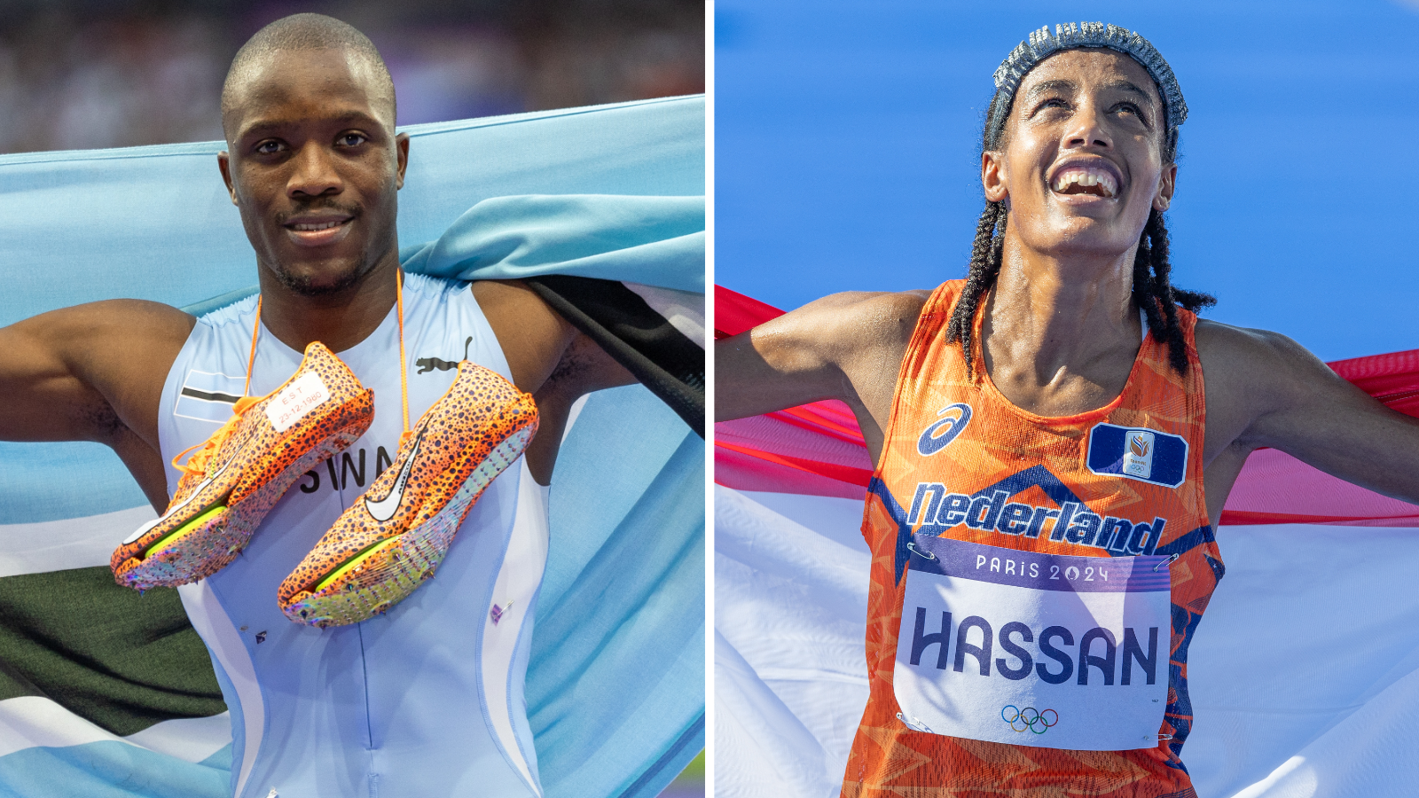 Letsile Tebogo and  Sifan Hassan celebrating their gold medals at the Paris Olympics