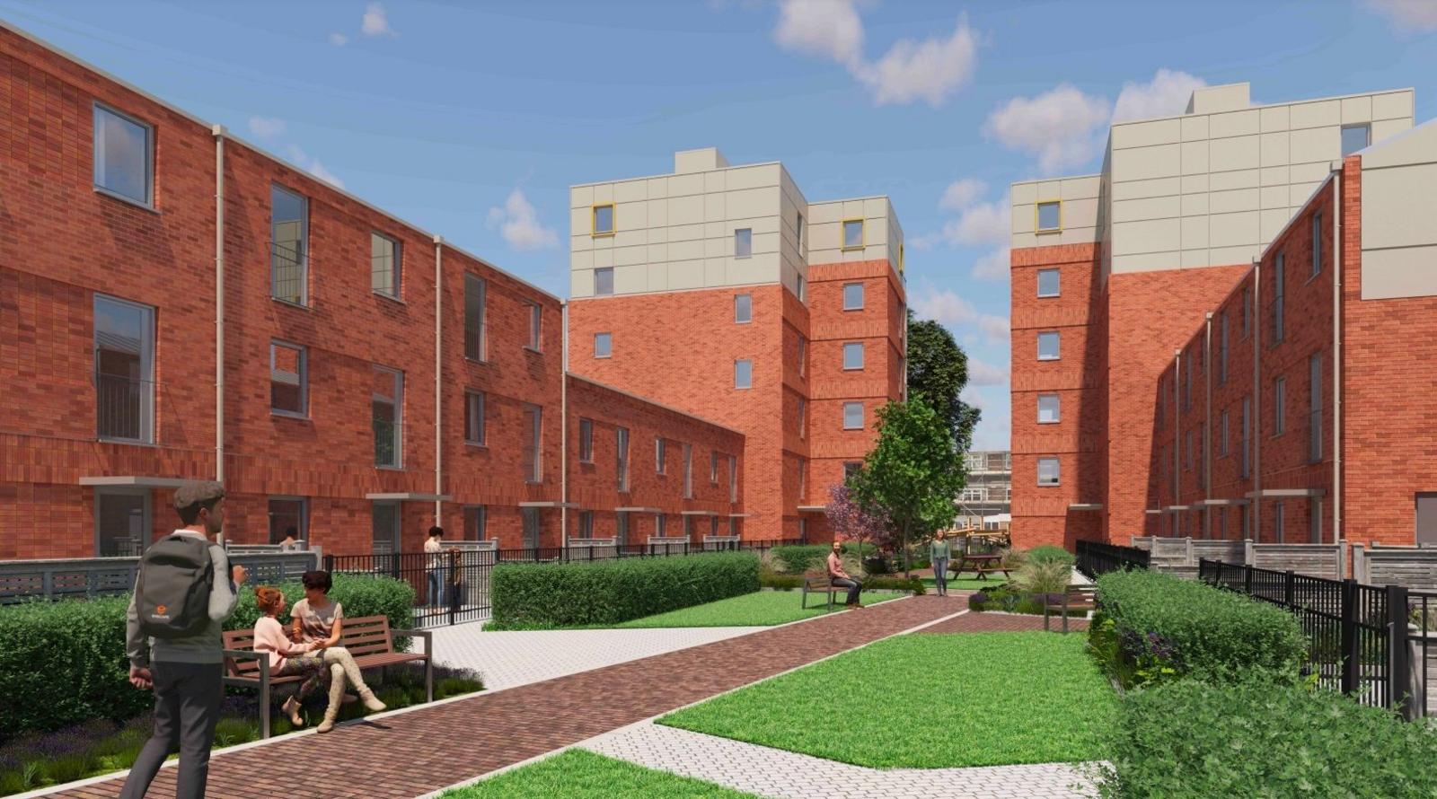 A computer generated image showing the plans for the new housing estate at Clapham Court. The buildings are a mixture of red and stone coloured and there are landscaped garden areas between them and people sitting on benches