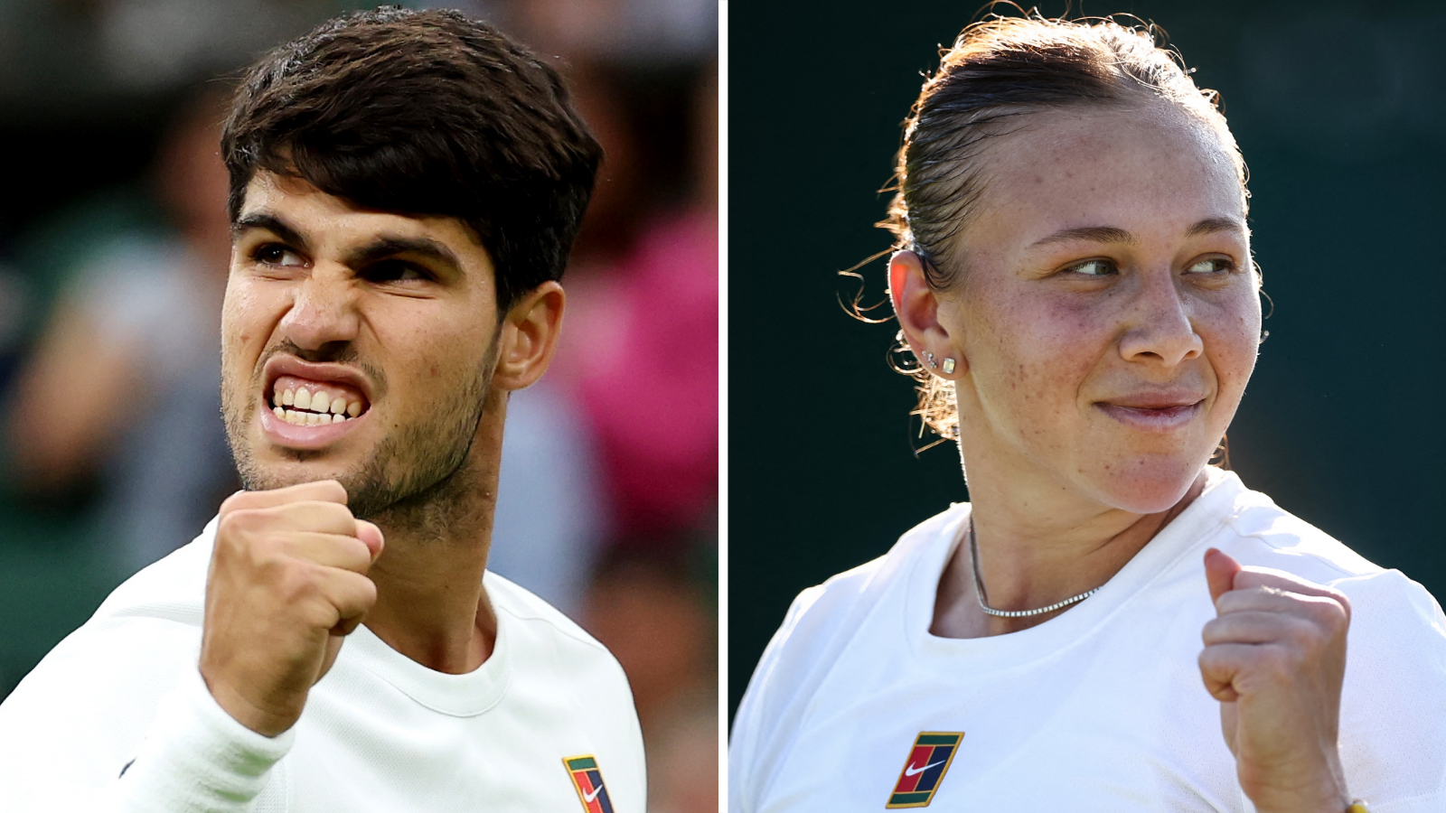 A split image of Carlos Alcaraz and Amanda Anisimova, both clenching their fist in celebration