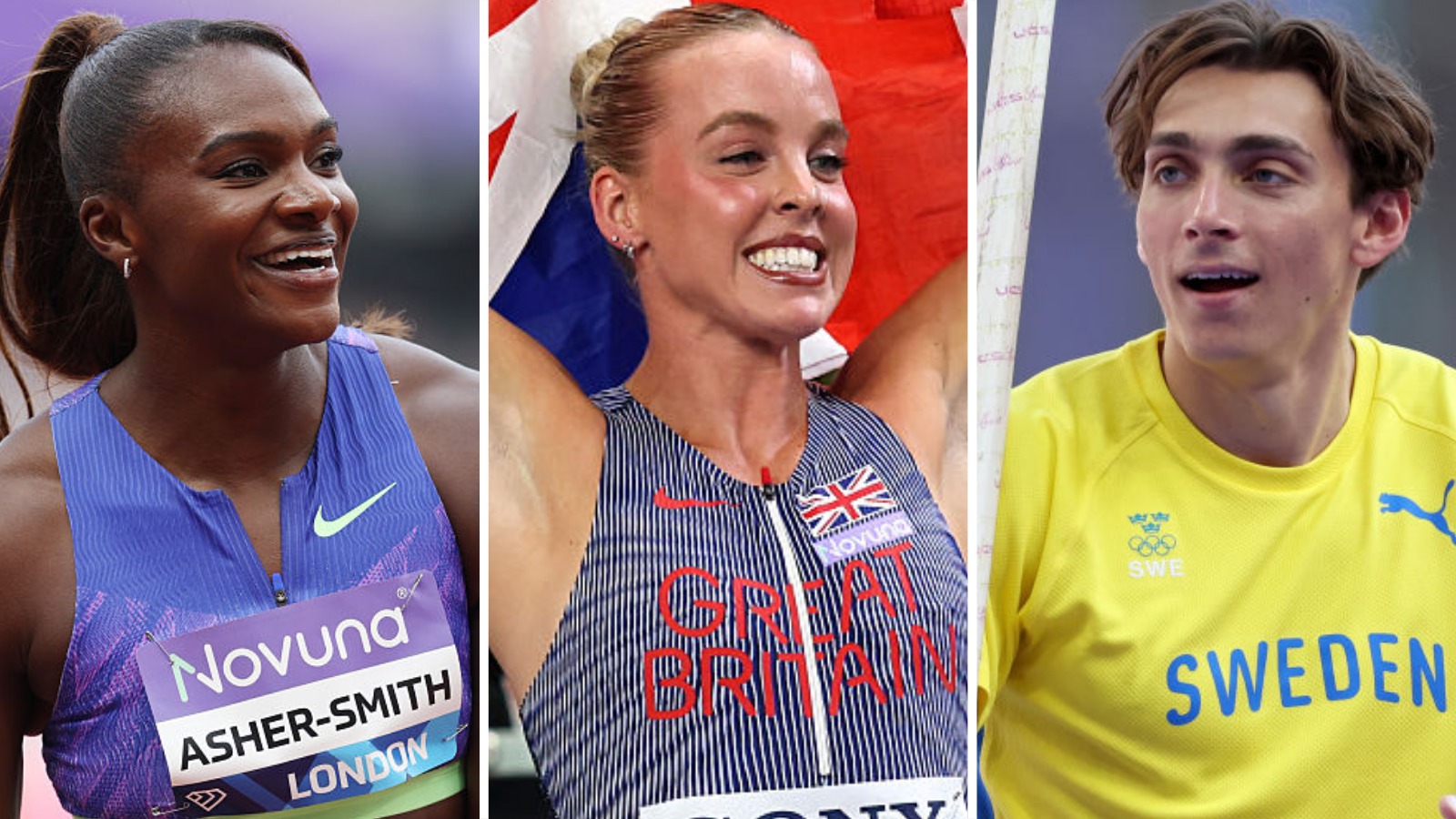 Dina Asher-Smith smiling (left), Keely hodgkinson (middle) and Armand Duplantis (right)