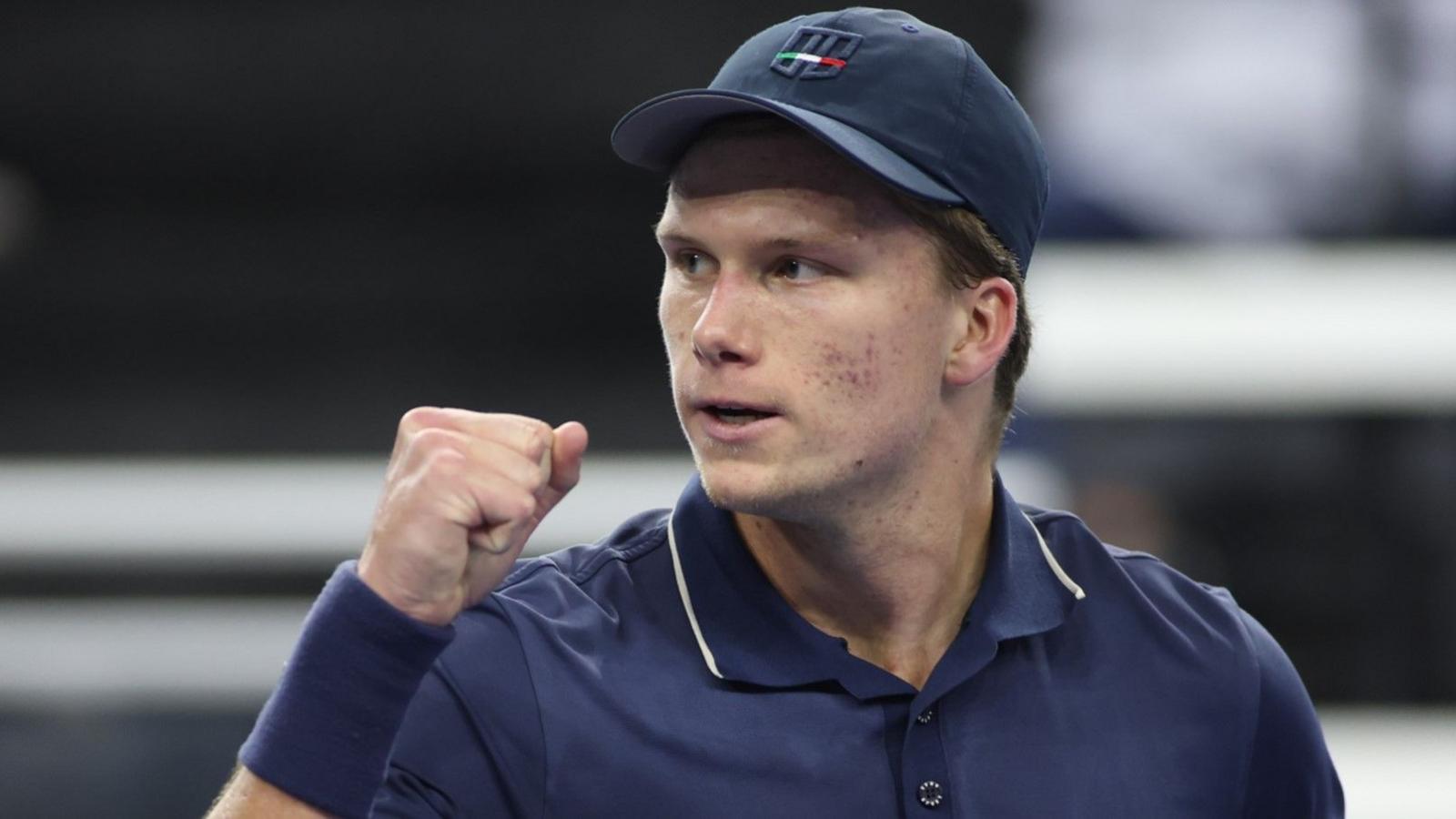 Jenson Brooksby celebrates a constituent   astatine  Indian Wells 