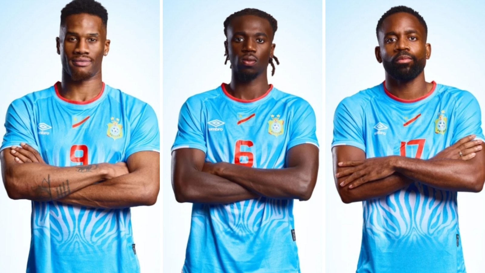 Samuel Essende (left), Ngal'ayel Mukau (middle) and Cédric Bakambu (right) wear 2026 DR Congo home shirt.
